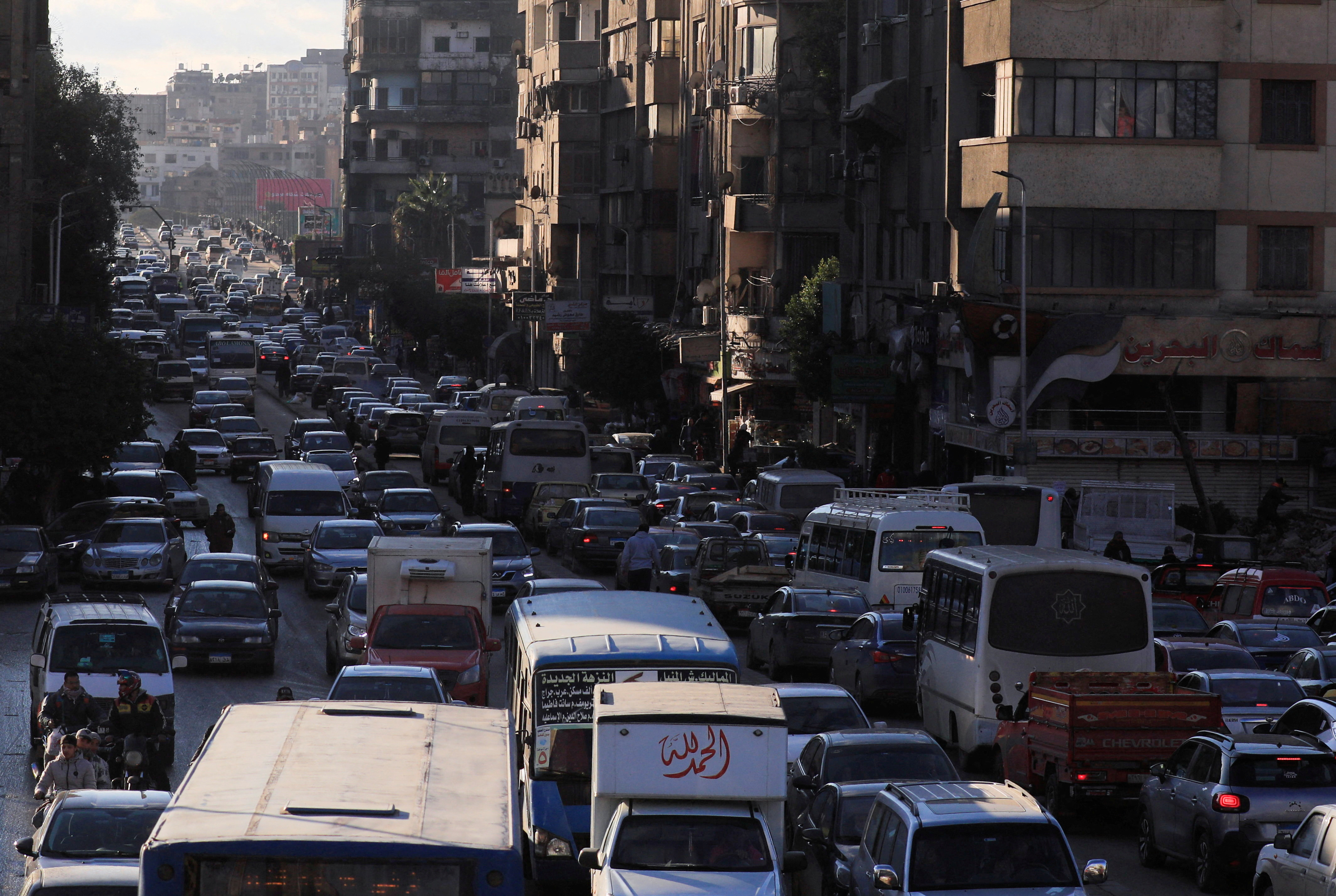 A general view of traffic jam after heavy rains, in Cairo