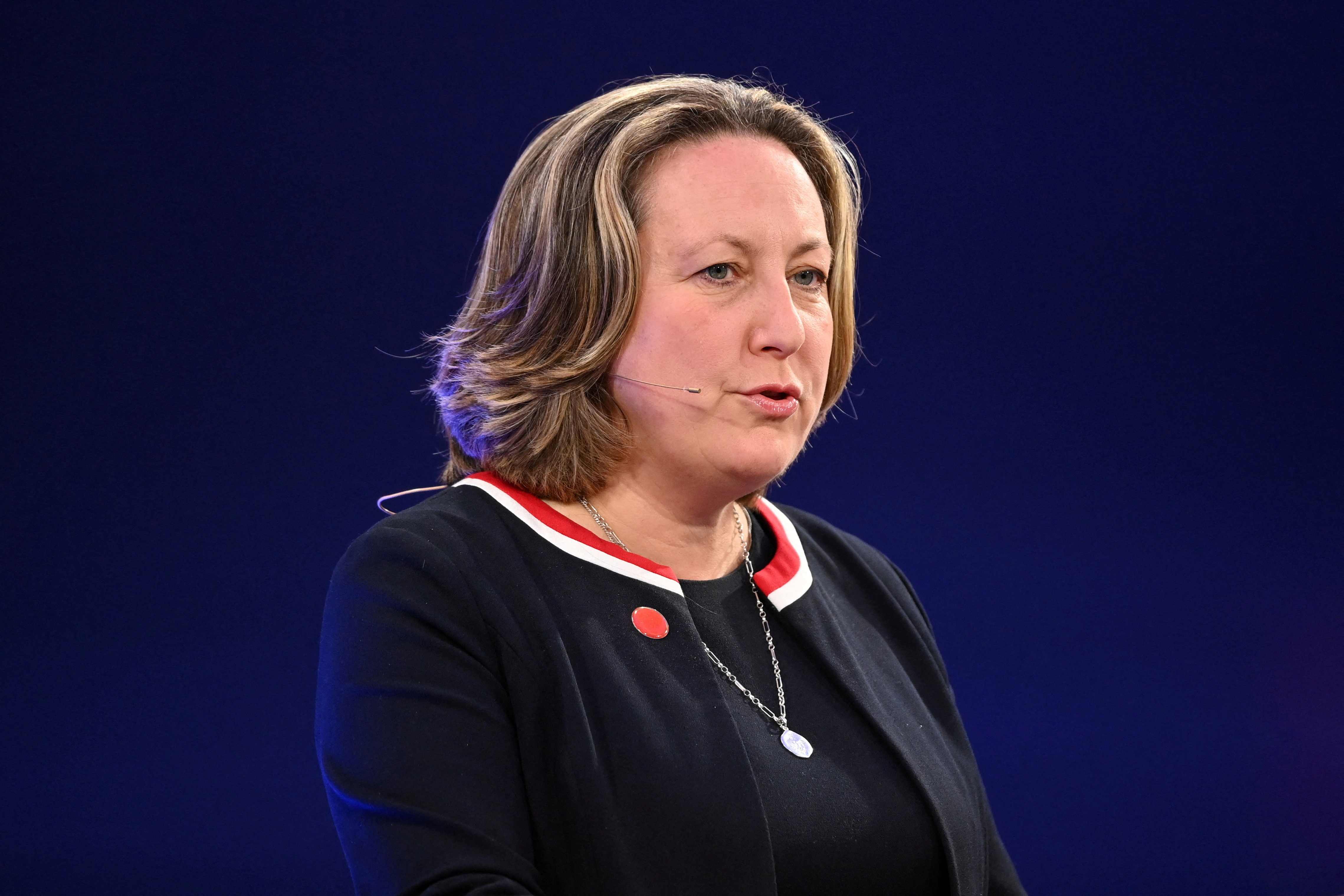 Britain's International Trade Secretary Anne-Marie Trevelyan speaks during the Global Investment Summit at the Science Museum, in London