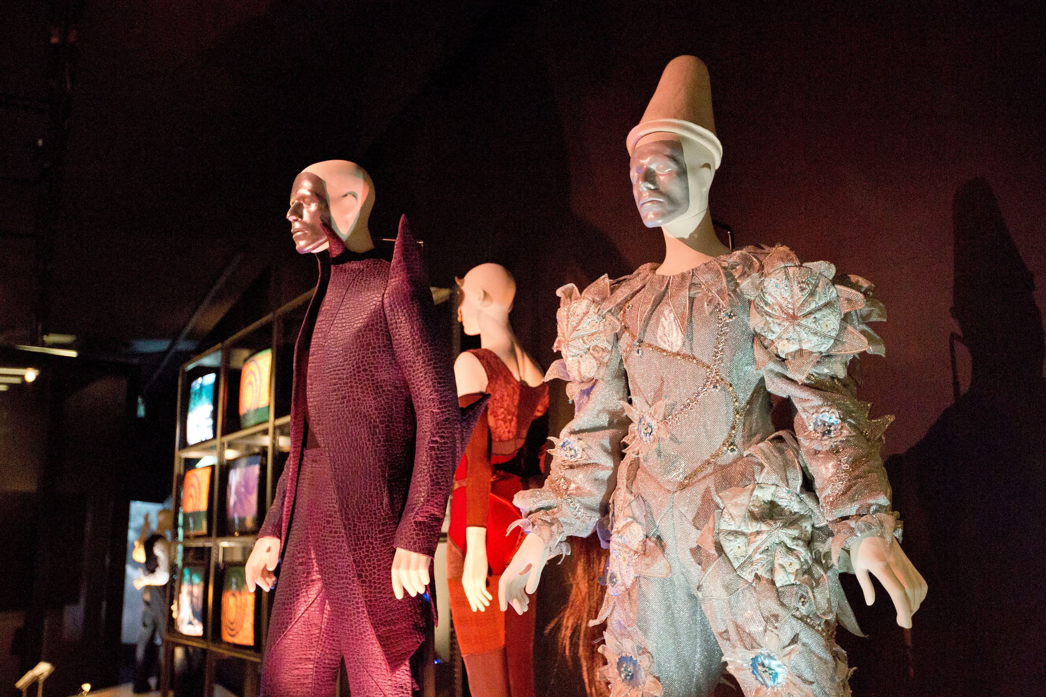 A variety of stage costumes worn by musician David Bowie are seen at the 