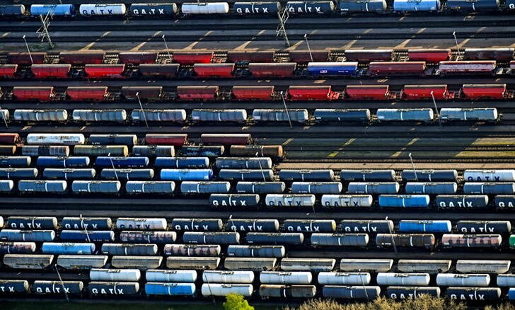 Oil tanker wagons  are pictured in a harbour in Hamburg