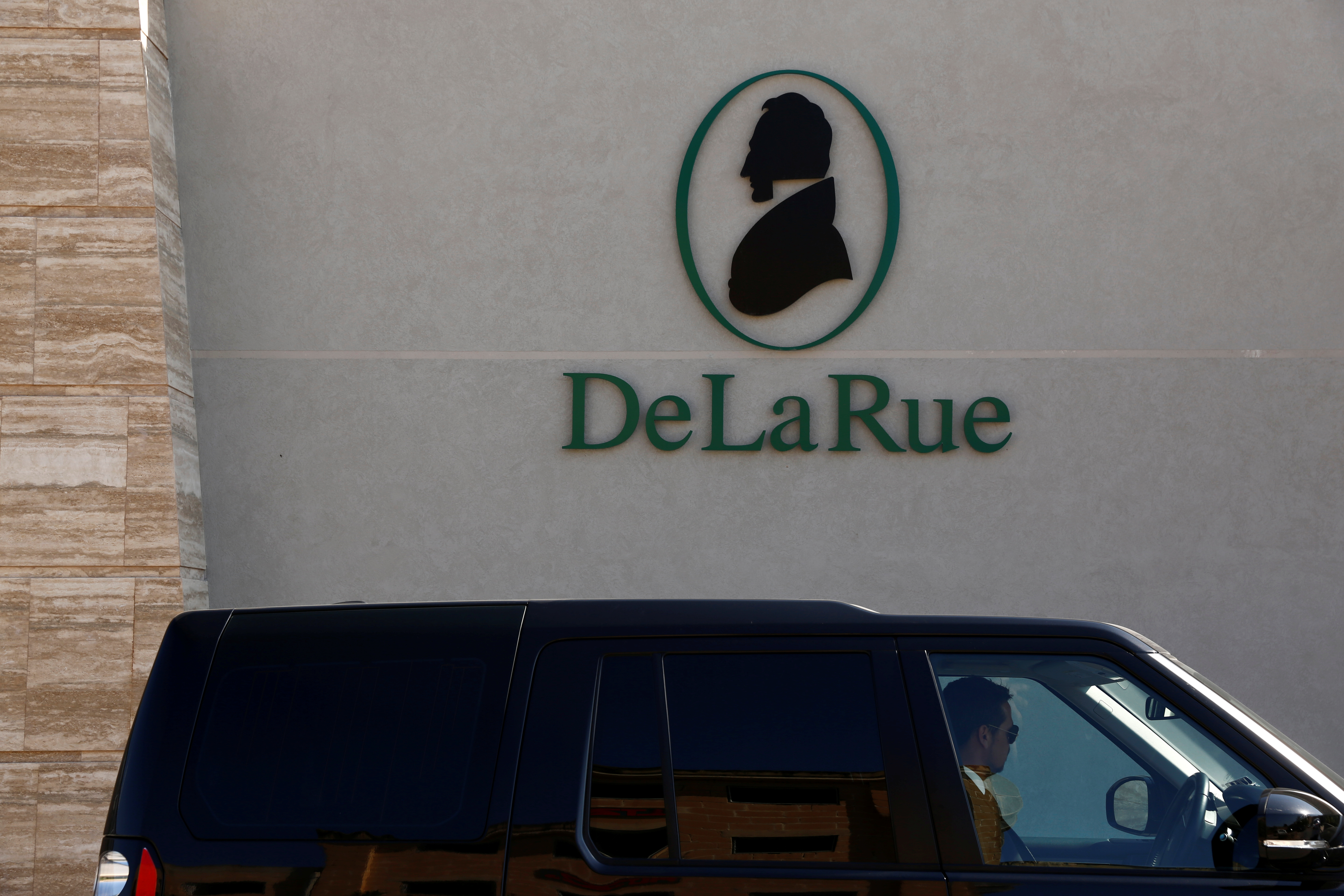 The corporate logo of De La Rue is seen at De La Rue Malta at Bulebel Industrial Estate in Zejtun
