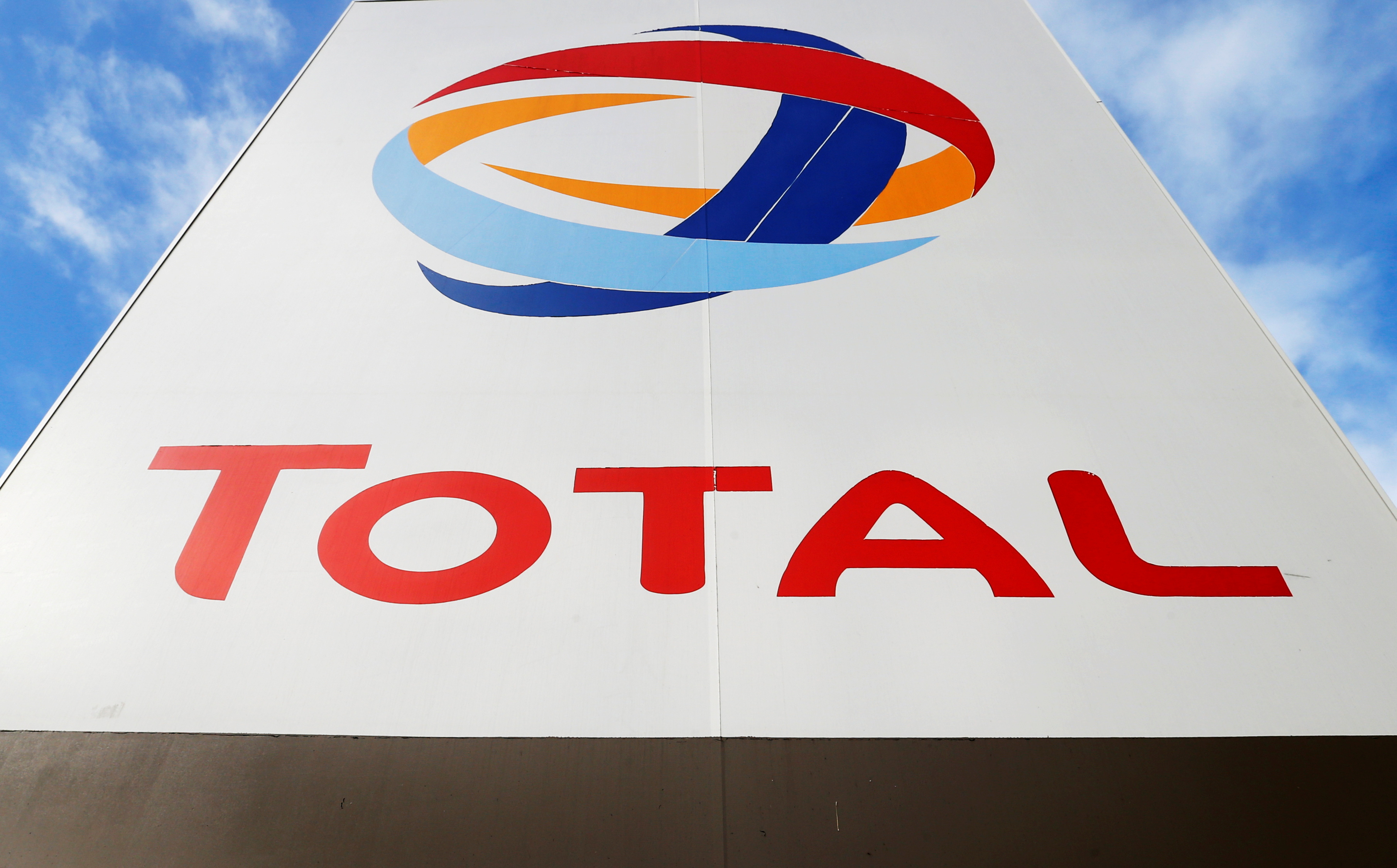 The logo of French oil giant Total is pictured at a petrol station in Bordeaux