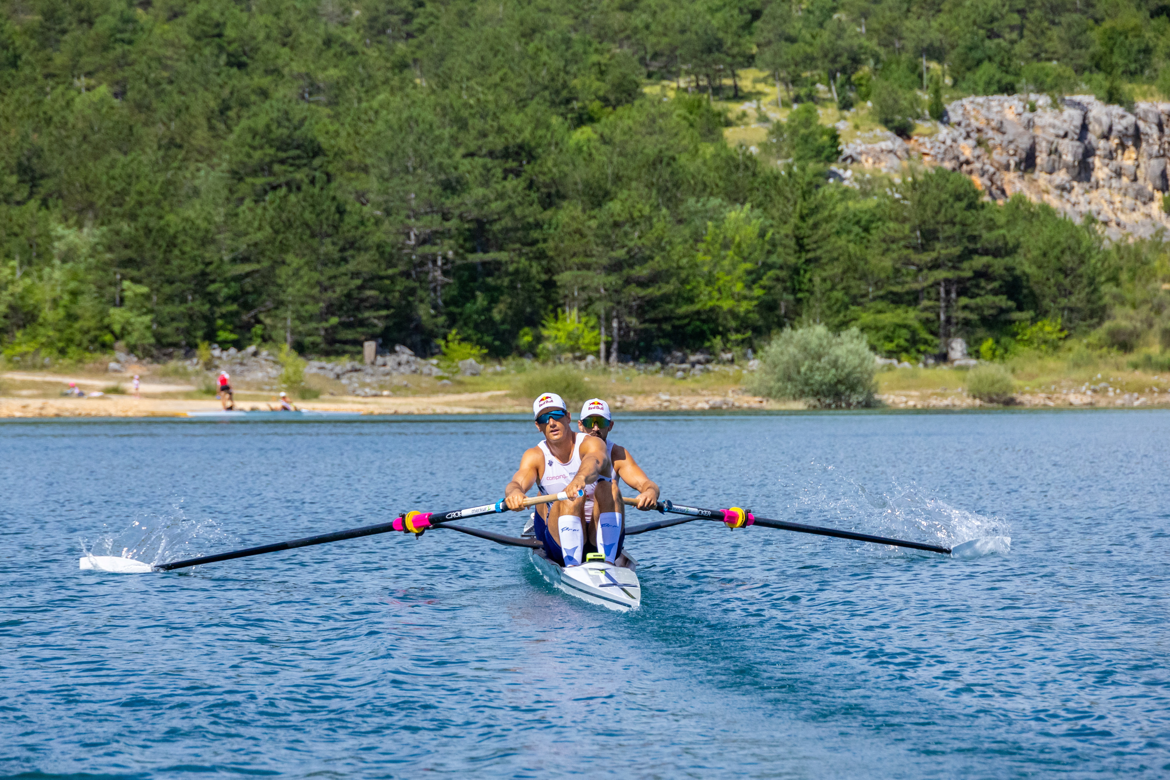 Croatia rowers Martin Sinkovic and Valent Sinkovic are seen during rowing practice at Peruca Lake for the Paris 2024 Olympics near Sinj