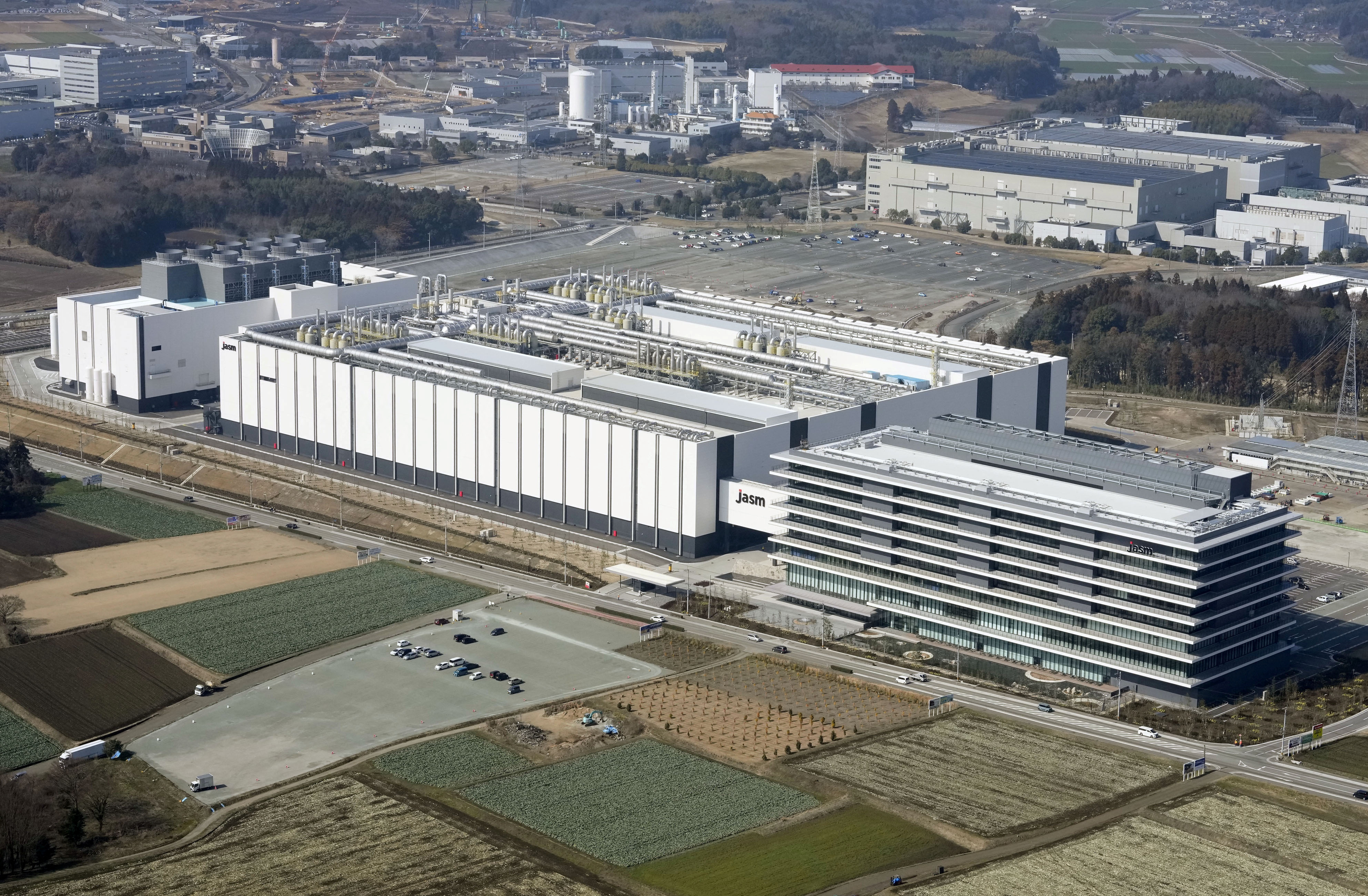Aerial view shows the semiconductor plant by JASM, a subsidiary of Taiwan's TSMC, in Kikuyo town, Japan