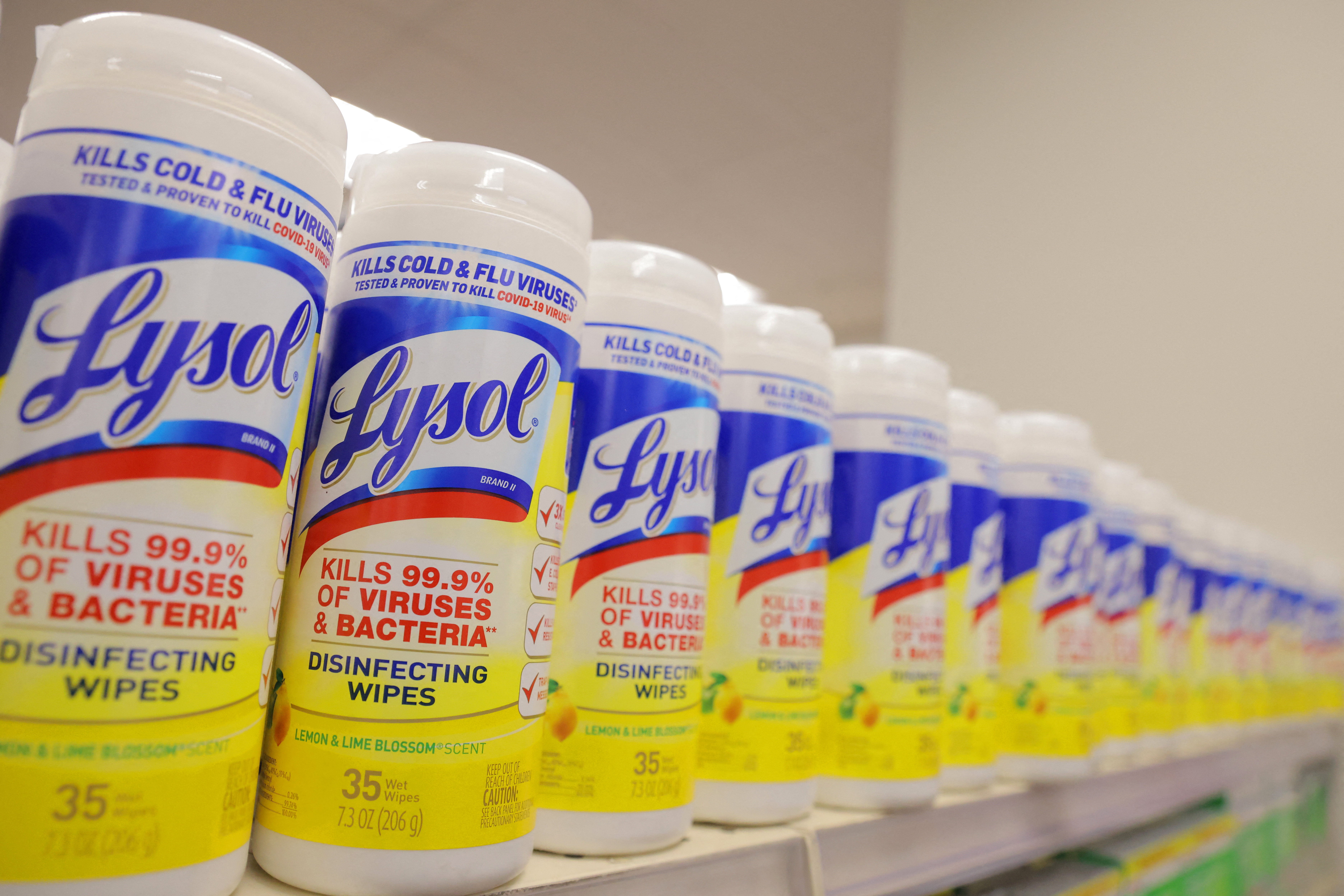 Lysol, a brand of Reckitt Benckiser Group PLC, is seen on display in a store in Manhattan, New York City