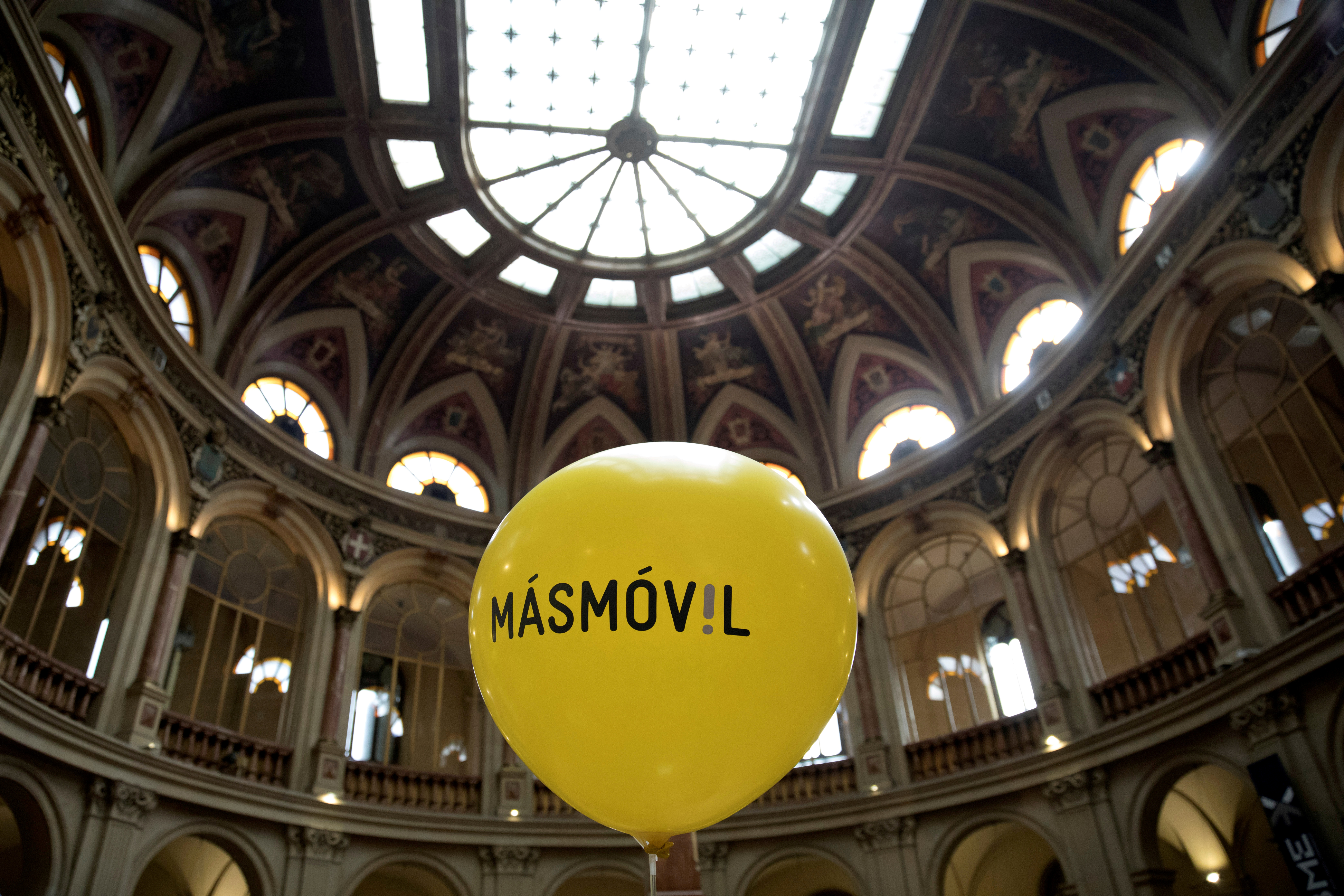 A balloon with the logo of  Masmovil is seen during its bourse debut in 2017 in Madrid, Spain