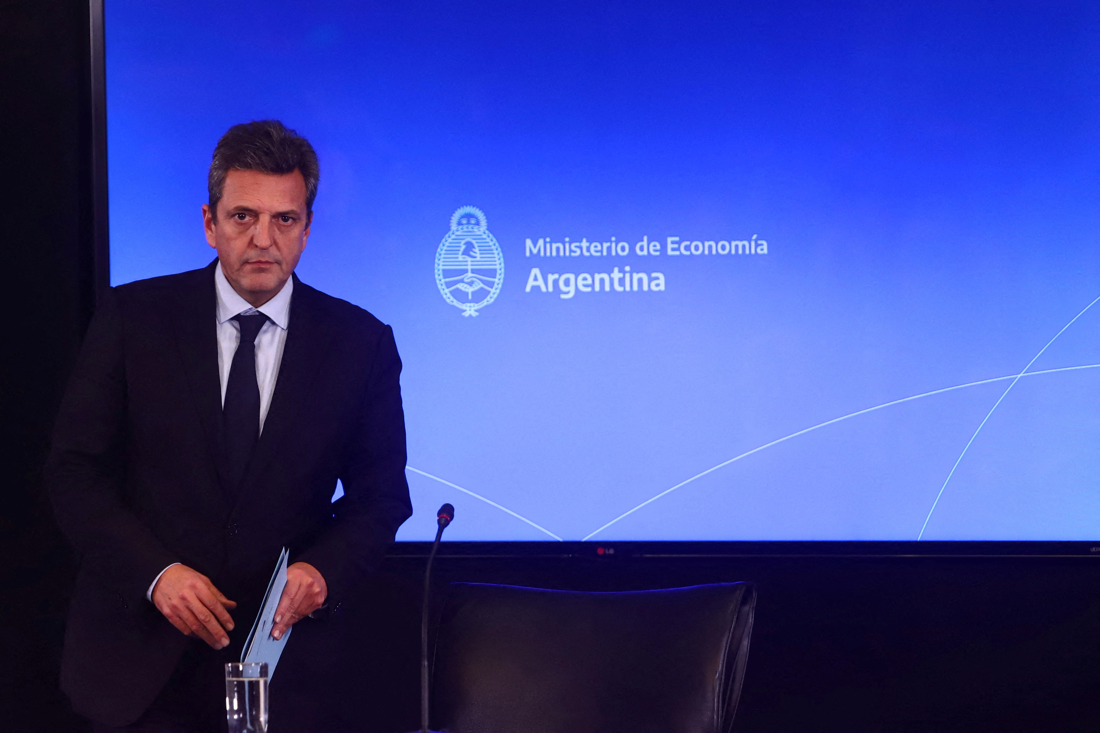 Argentina's new Economy Minister Sergio Massa talks to the media, in Buenos Aires