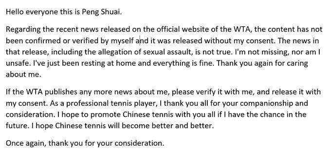 CGTN tweets an email allegedly sent by Peng Shuai to Women's Tennis Association (WTA) Chairman and CEO Steve Simon in this screengrab obtained via social media on November 18, 2021. CGTN/Twitter via REUTERS   