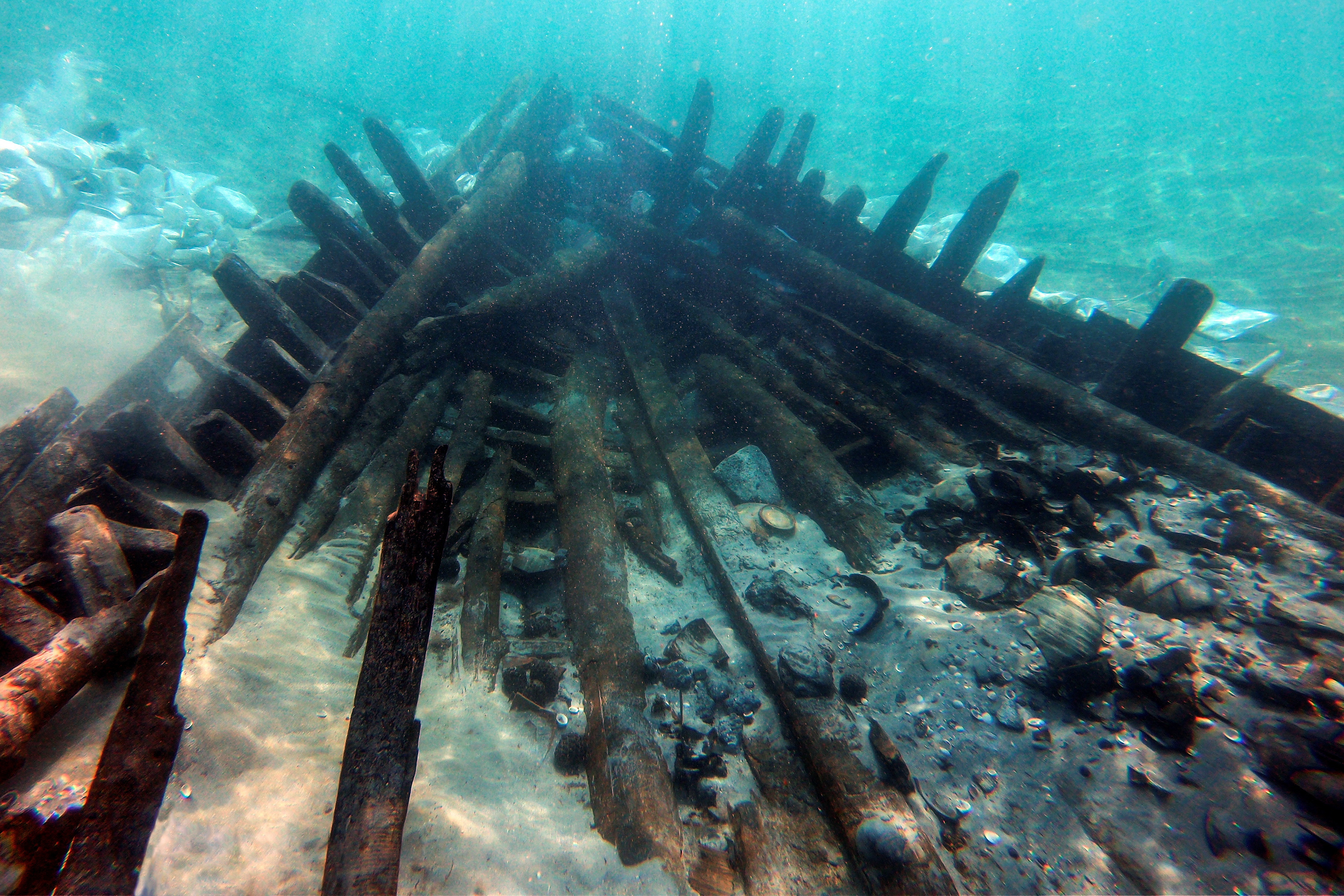 A view of the excavation of an ancient cargo ship, which is believed to have carried goods from all over the Mediterranean