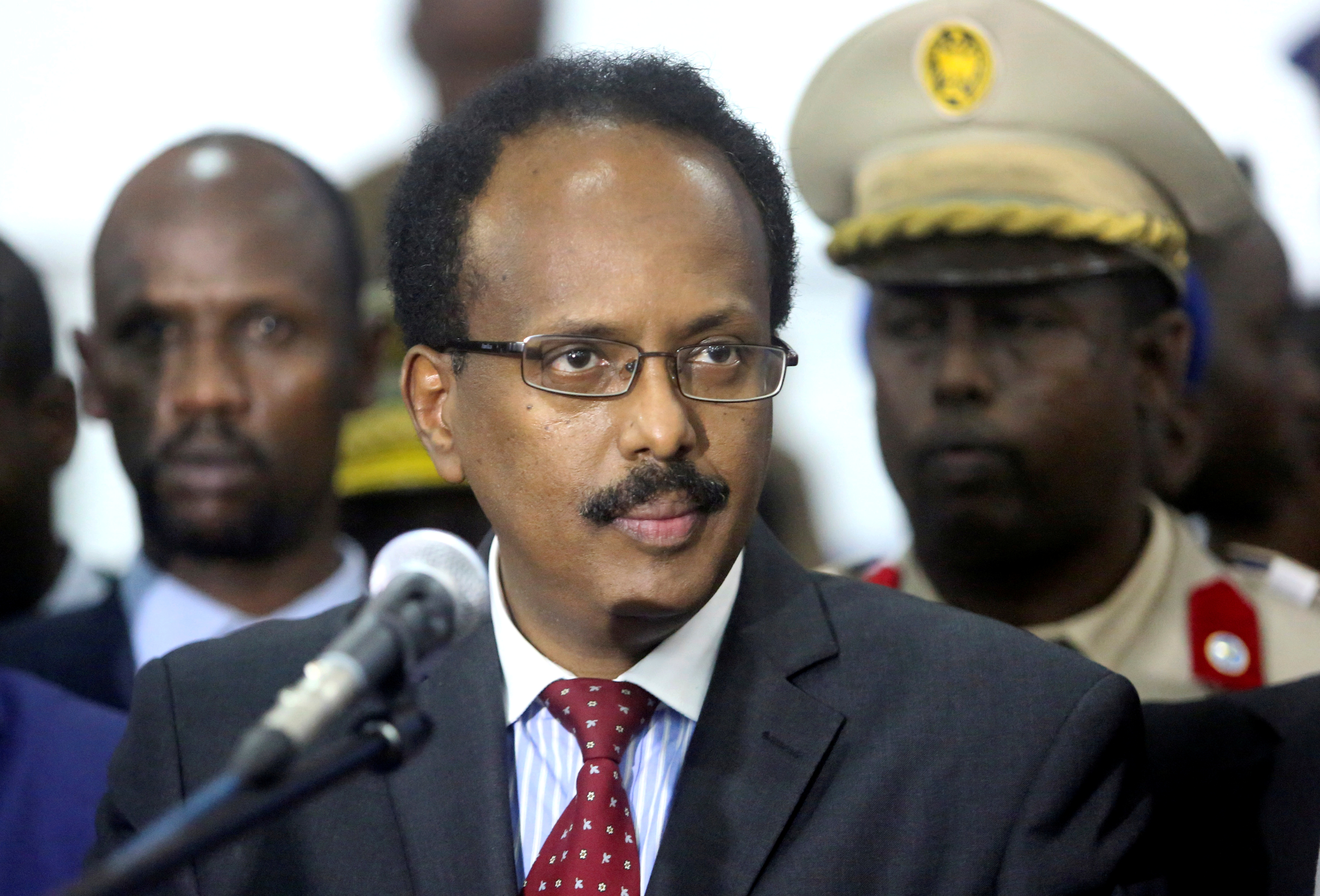 Somalia's newly elected President Mohamed Abdullahi Farmajo addresses lawmakers after winning the vote at the airport in Somalia's capital Mogadishu