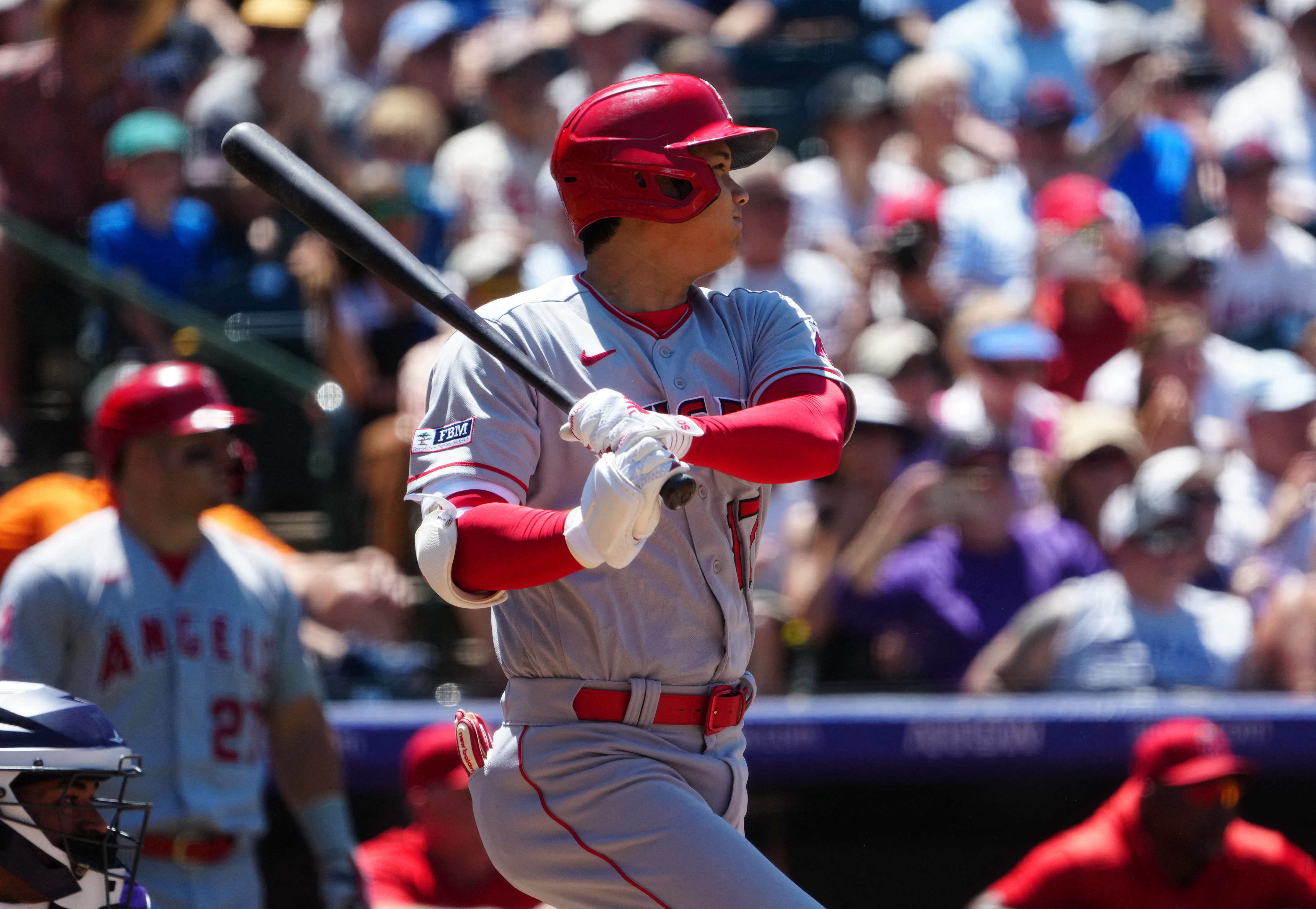 Colorado Rockies designated hitter, Jorge Alfaro (38) waits for the pitch  in an MLB baseball game against the Los Angeles Angels.The Angels defeated  the Rockies 4-3 in Denver on Sunday, June 25