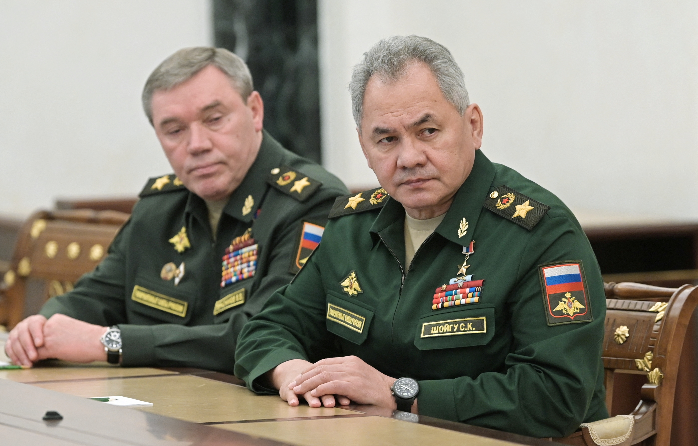 Russian President Vladimir Putin meets with Defence Minister Sergei Shoigu and Chief of the General Staff of Russian Armed Forces Valery Gerasimov in Moscow