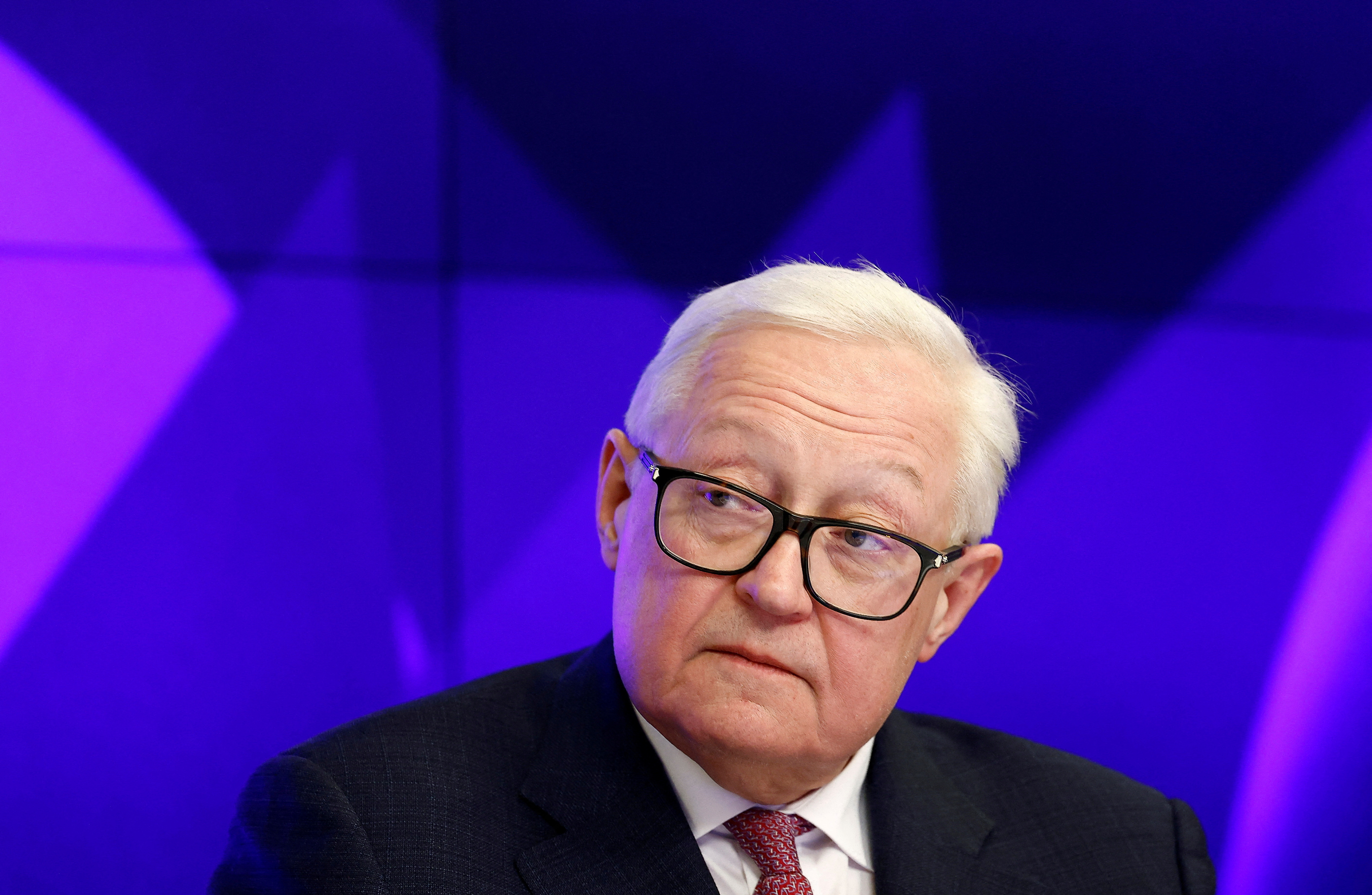 Russian Deputy Foreign Minister Sergei Ryabkov delivering a Moscow press conference on international relations