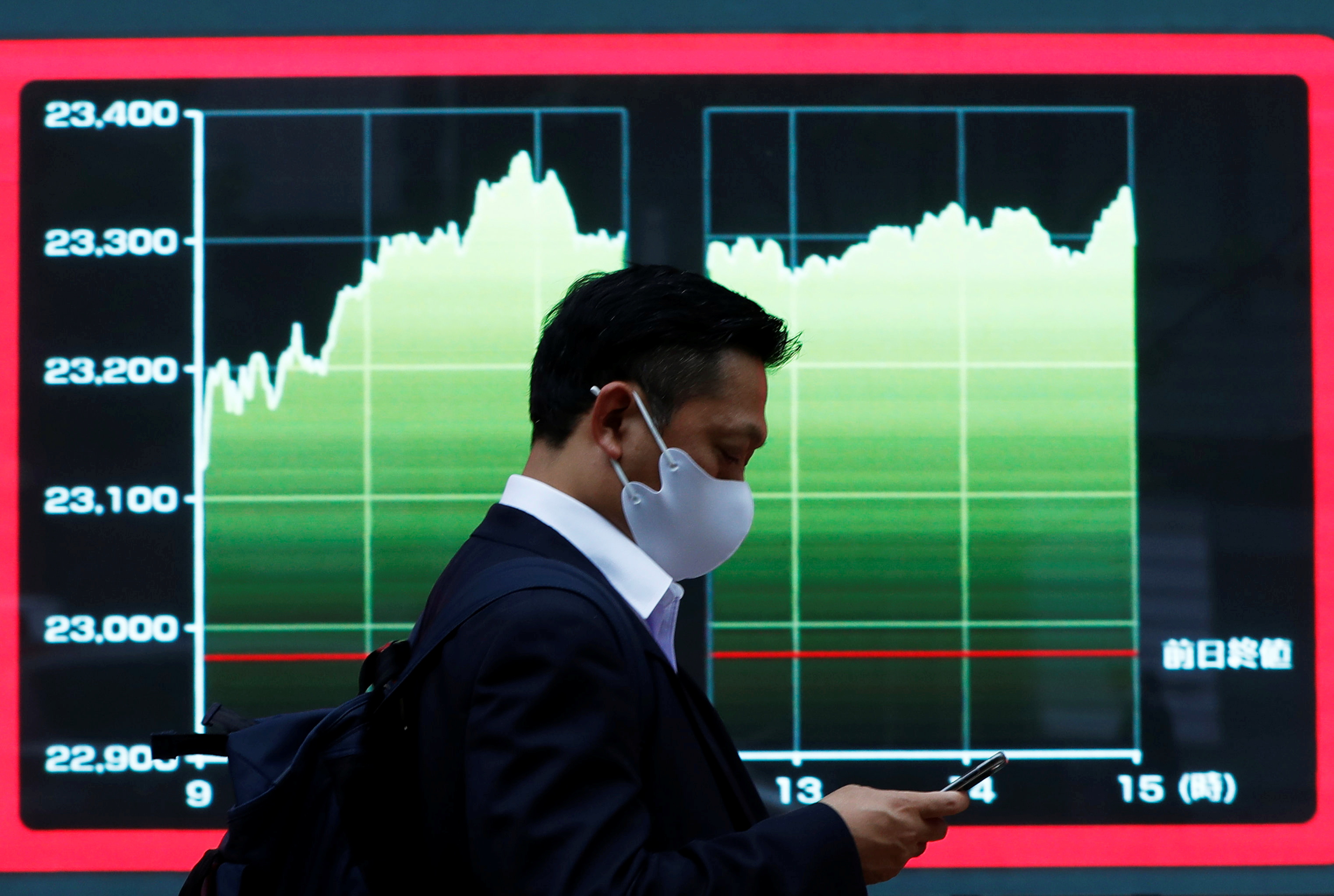 A man wearing a protective face mask walks past a screen displaying a graph showing recent Nikkei share average outside a brokerage, amid the coronavirus disease (COVID-19) outbreak, in Tokyo