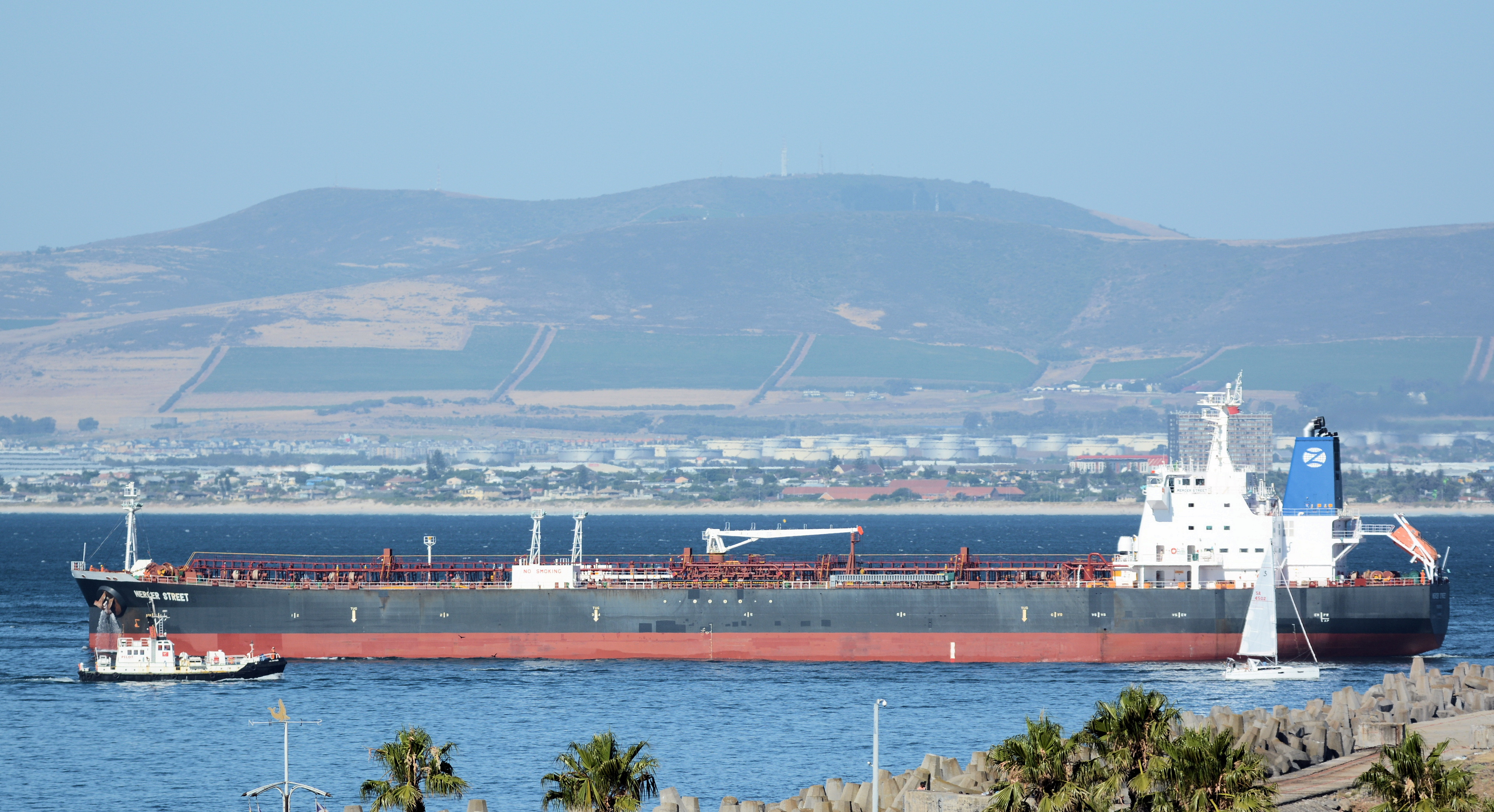 The Mercer Street, a Japanese-owned Liberian-flagged tanker managed by Israeli-owned Zodiac Maritime that was attacked off Oman coast as seen in Cape Town