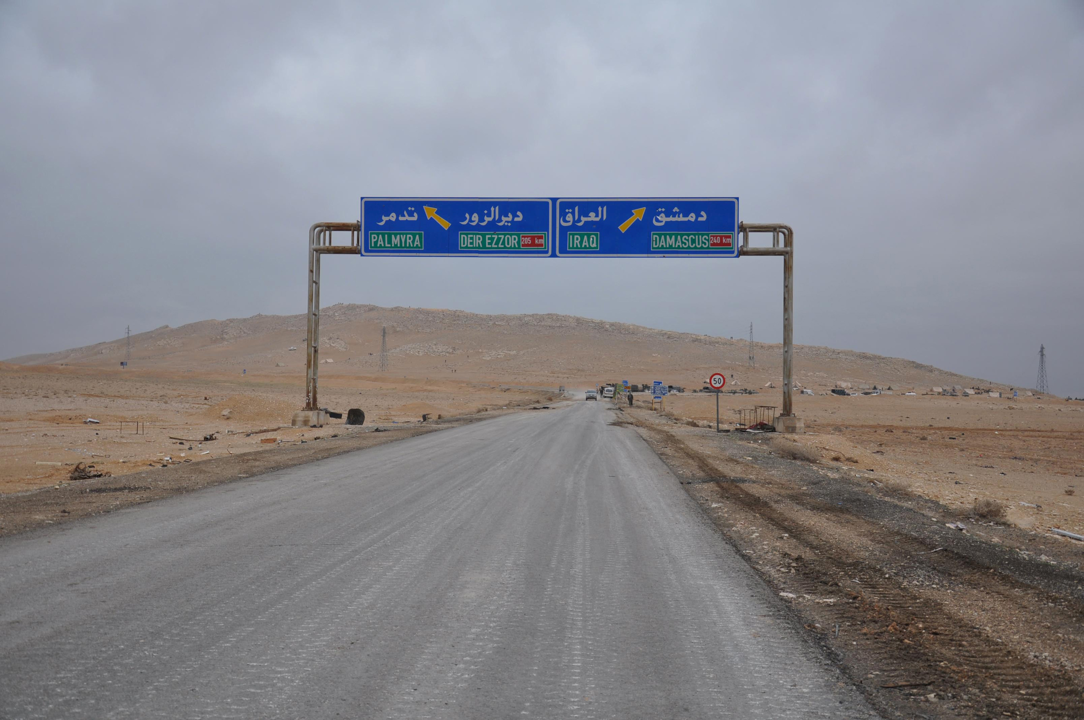 A road sign that shows the direction to the Syrian city of Palmyra is pictured on the edge of the city