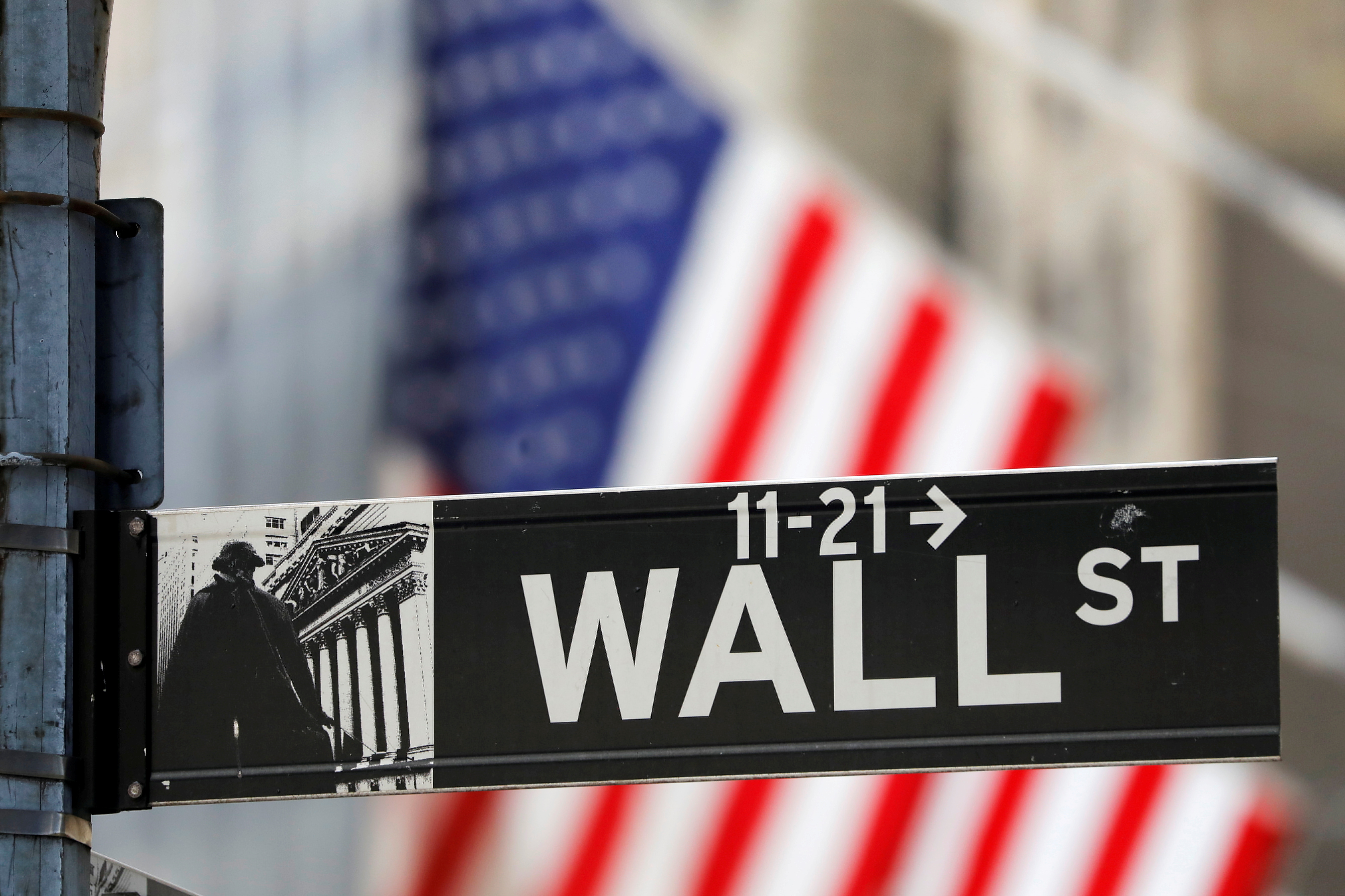 A street sign for Wall Street is seen outside the New York Stock Exchange (NYSE) in New York City, New York, U.S., July 19, 2021. REUTERS/Andrew Kelly/File Photo
