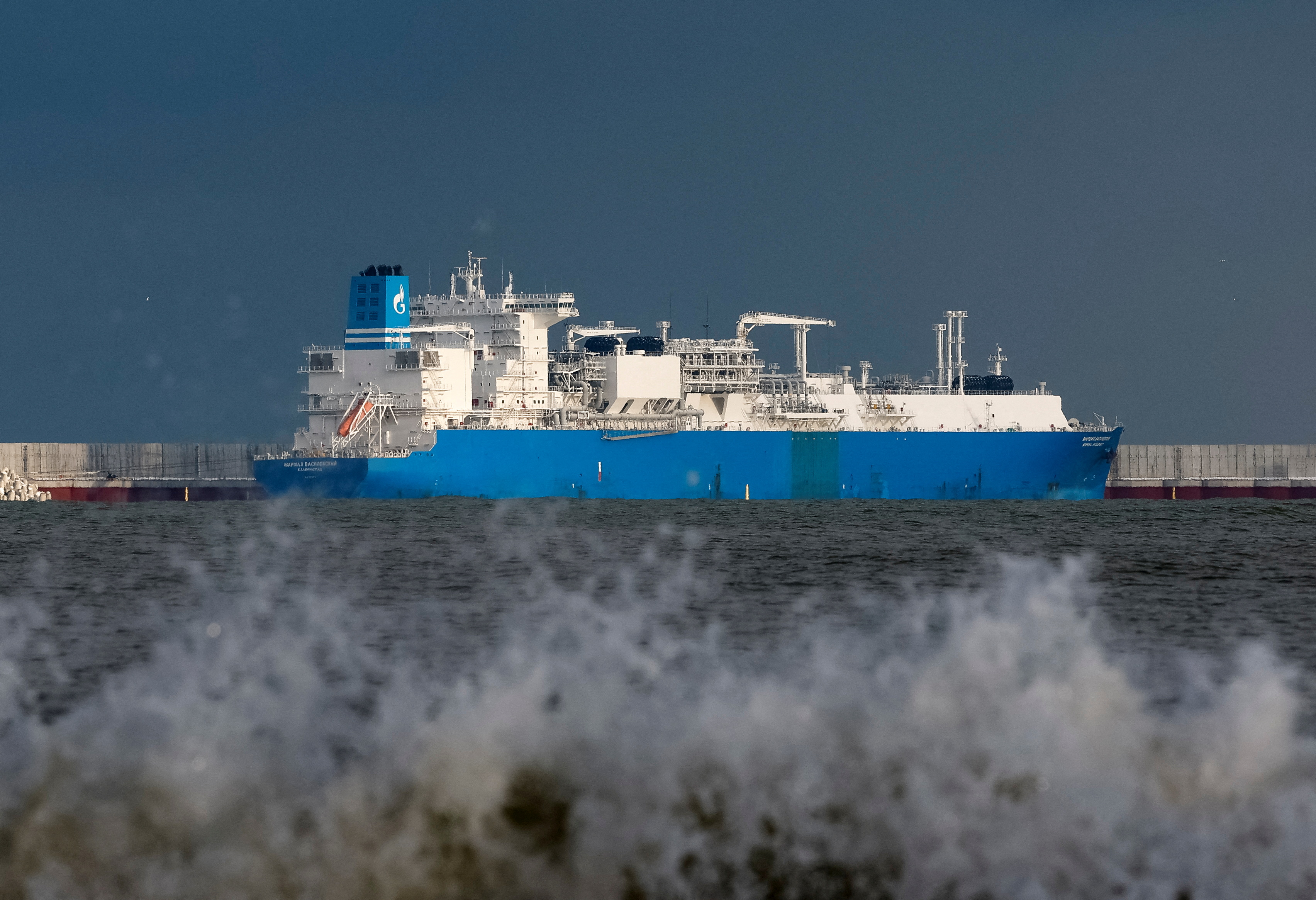 Gazprom's the Marshal Vasilevskiy vessel is seen anchored offshore in the Baltic Sea near Kaliningrad