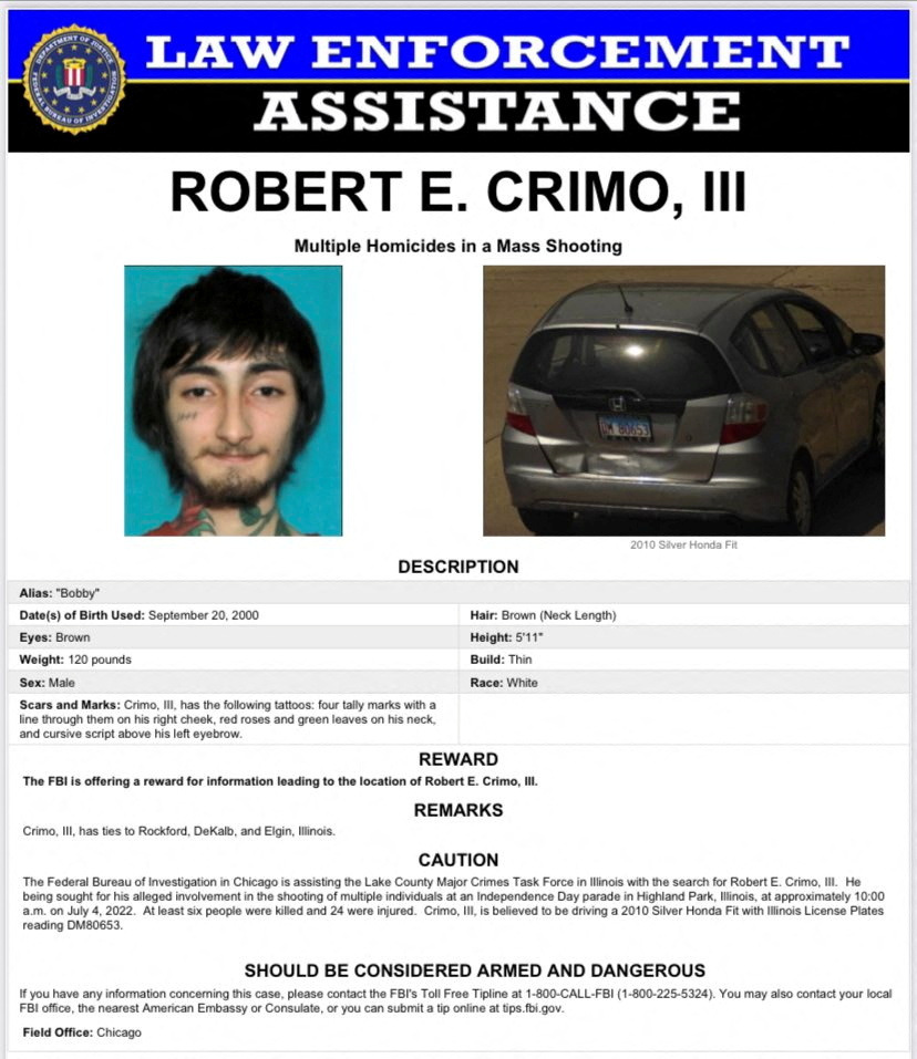 Wanted poster provided by Lake County Sheriff's Office shows a person of interest in the mass shooting that took place at a Fourth of July parade route in the wealthy Chicago suburb of Highland Park, Illinois