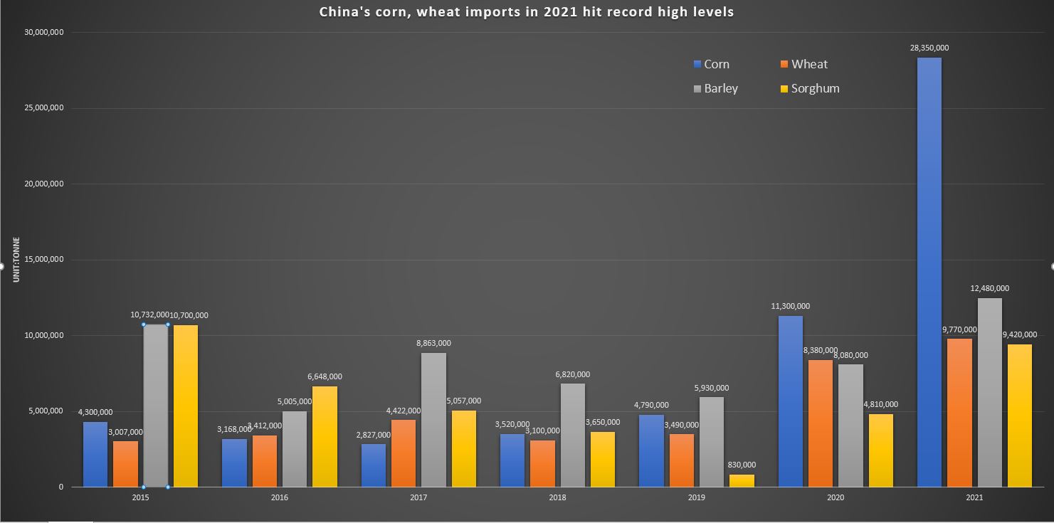 China's corn, wheat imports in 2022 hit record high levels