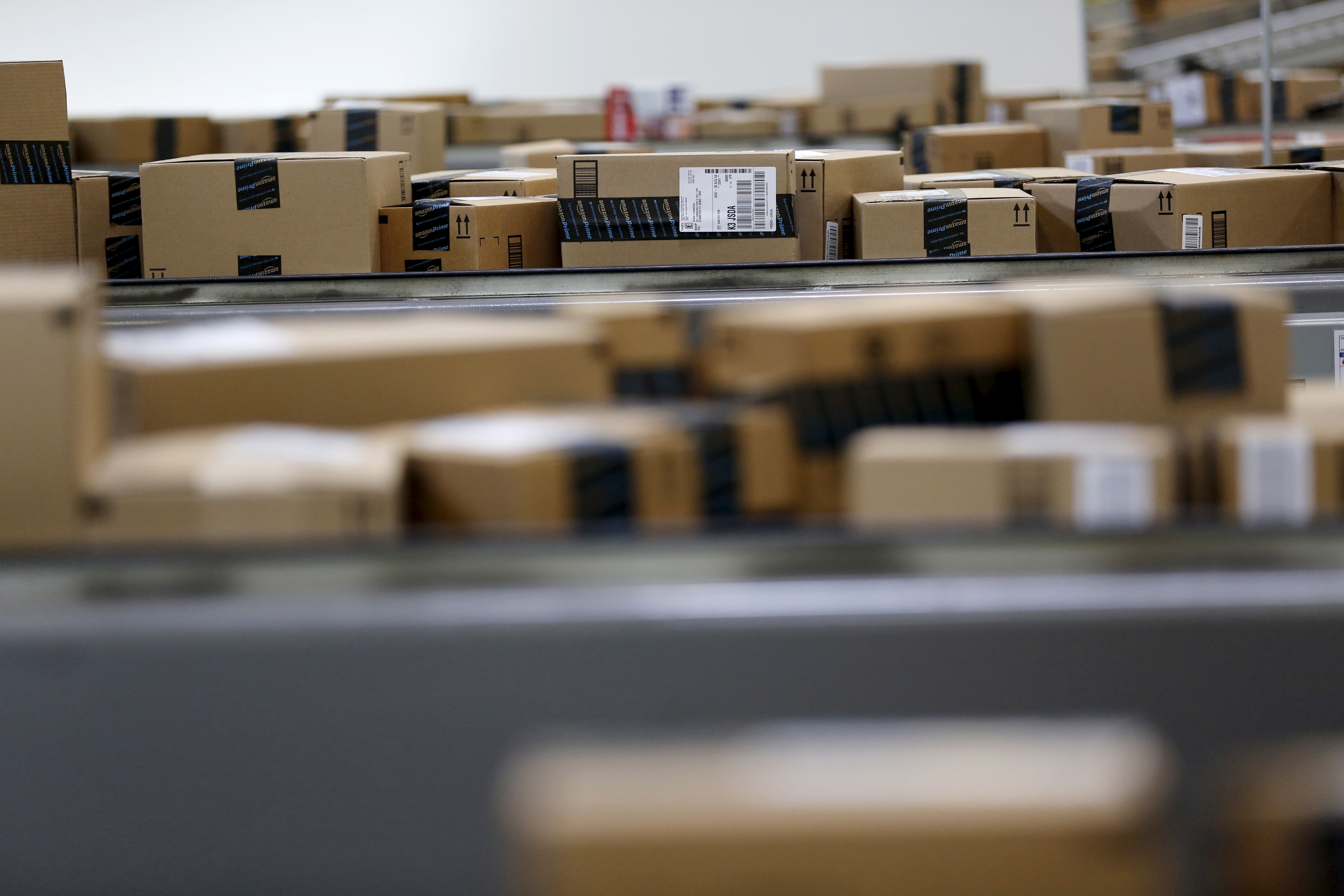 Packaged products that are ready for shipment are seen at an Amazon Fulfilment Center in Tracy