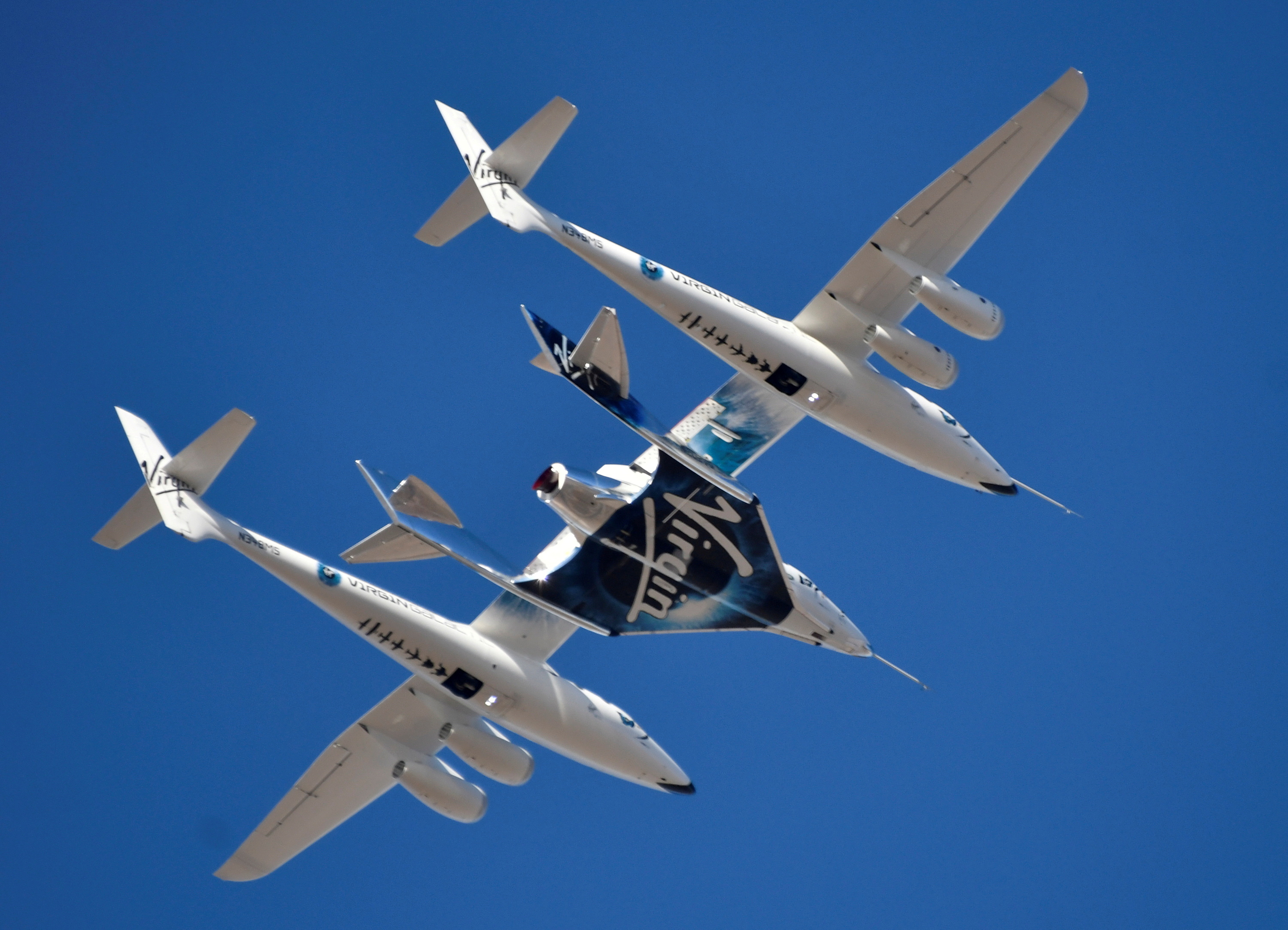 Virgin Galactic rocket plane, the WhiteKnightTwo carrier airplane, with SpaceShipTwo passenger craft takes off from Mojave Air and Space Port