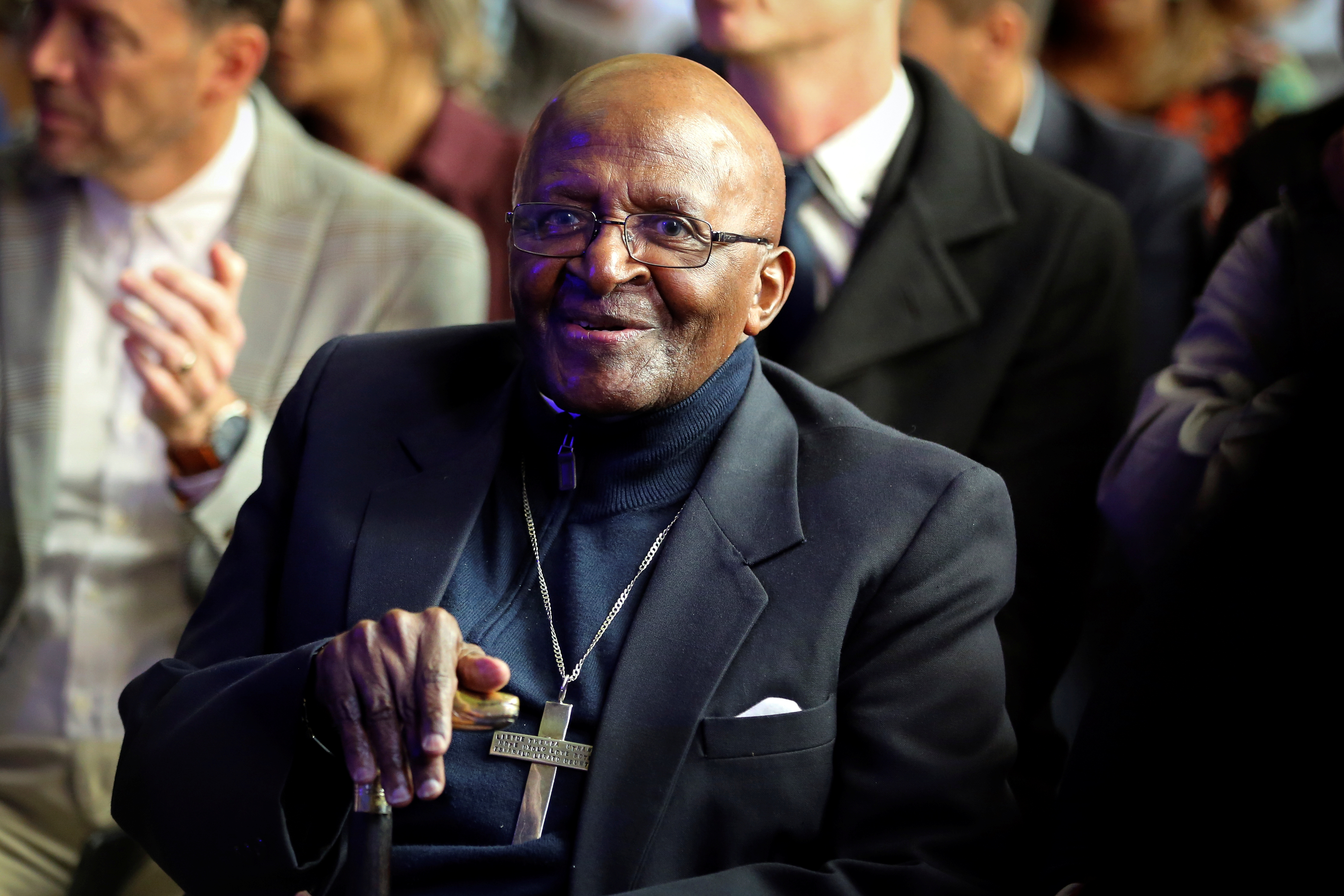 Archbishop Emeritus Desmond Tutu attends the unveiling ceremony of a statue of Nelson Mandela at the City Hall in Cape Town