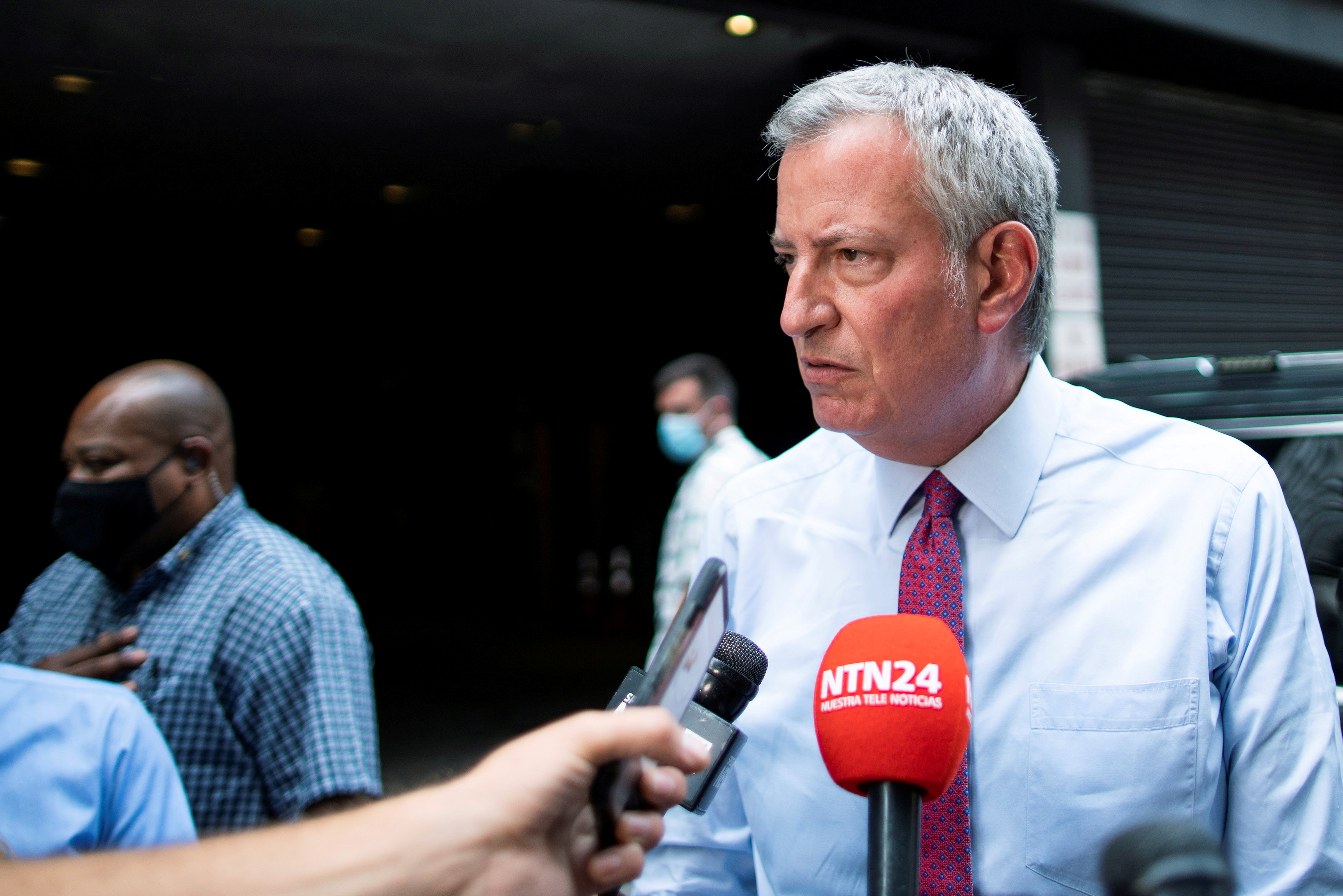 NYC Mayor Bill de Blasio gives his remarks to the media in New York