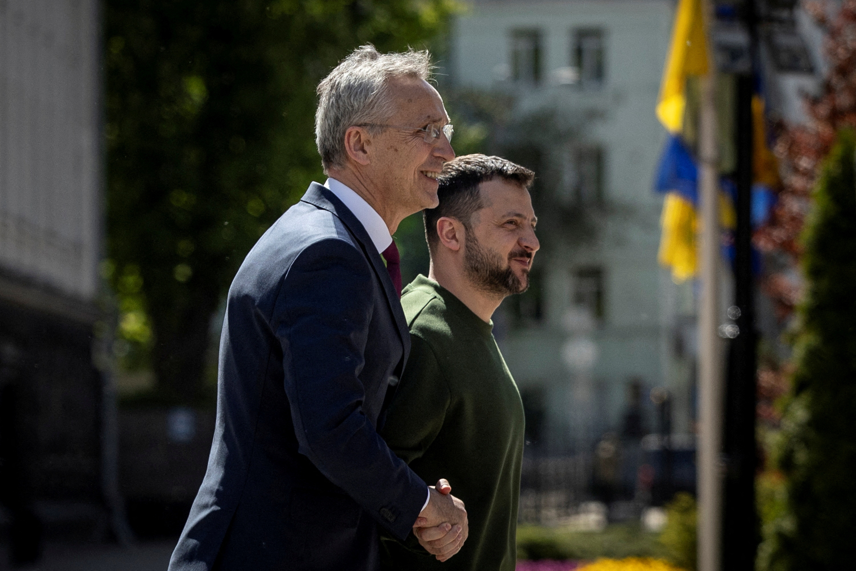 FILE PHOTO: Ukraine's President Volodymyr Zelenskiy and NATO Secretary-General Jens Stoltenberg attend a press conference in Kyiv