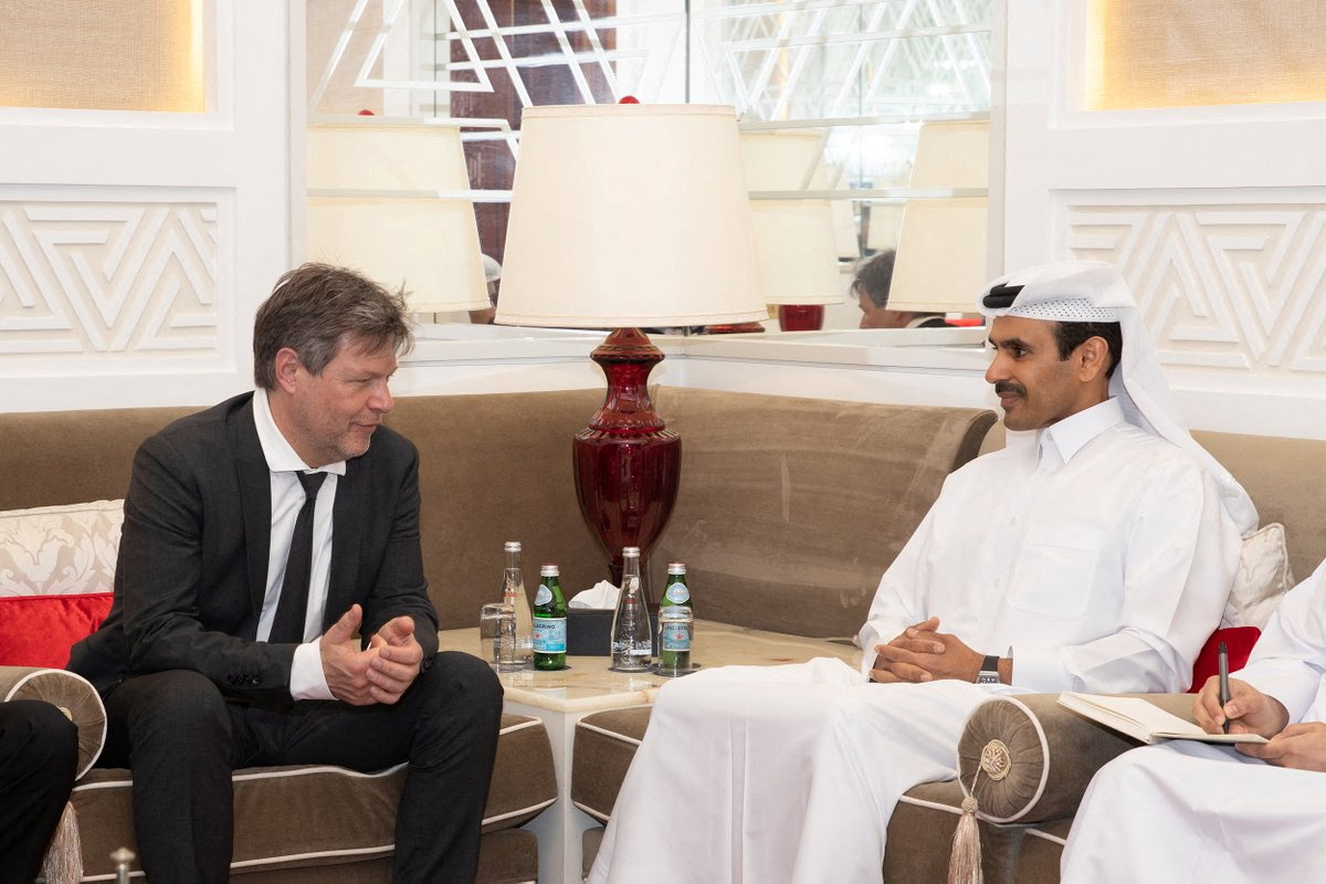 Saad Sharida al-Kaabi, Energy Minister of Qatar meets with German Economy Minister Robert Habeck, in Doha