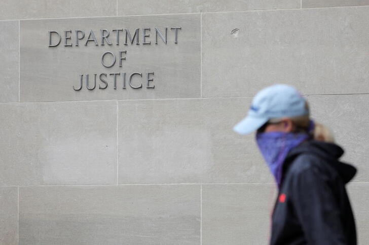 Signage is seen at the headquarters of the United States Department of Justice (DOJ) in Washington, D.C., U.S.