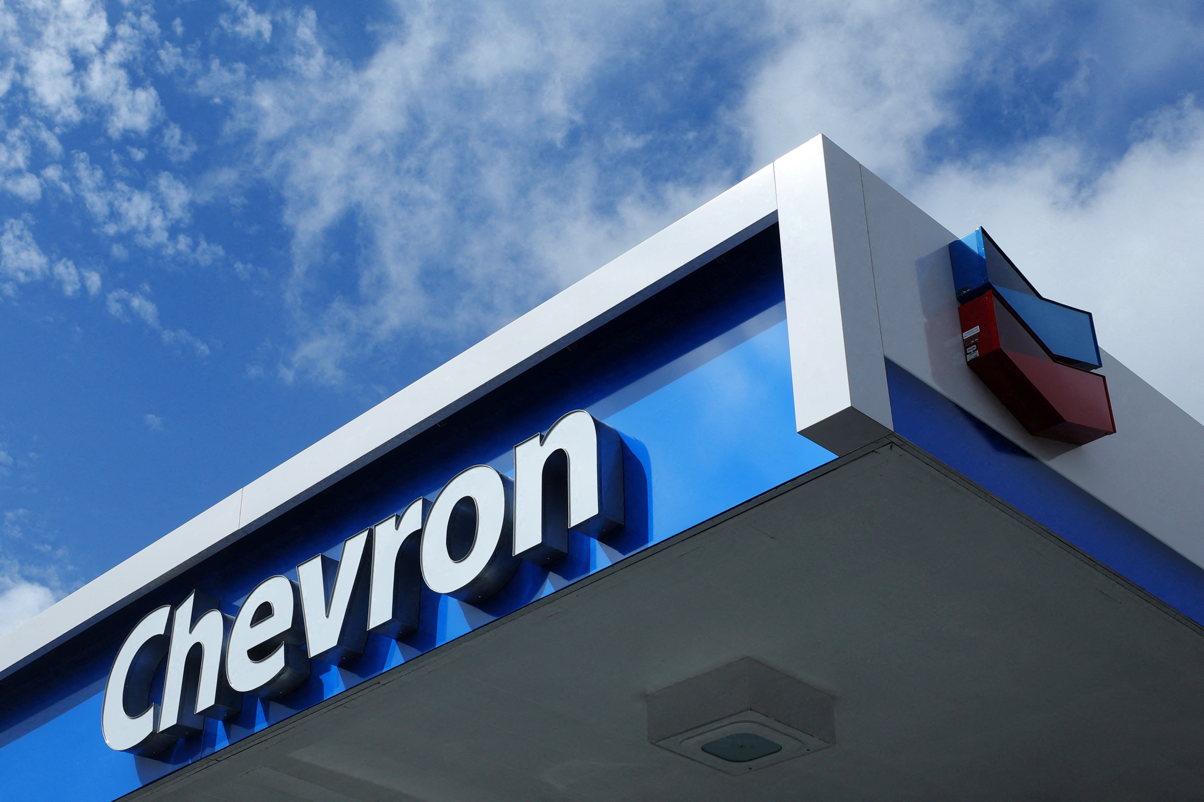 A Chevron gas station sign is seen in Austin