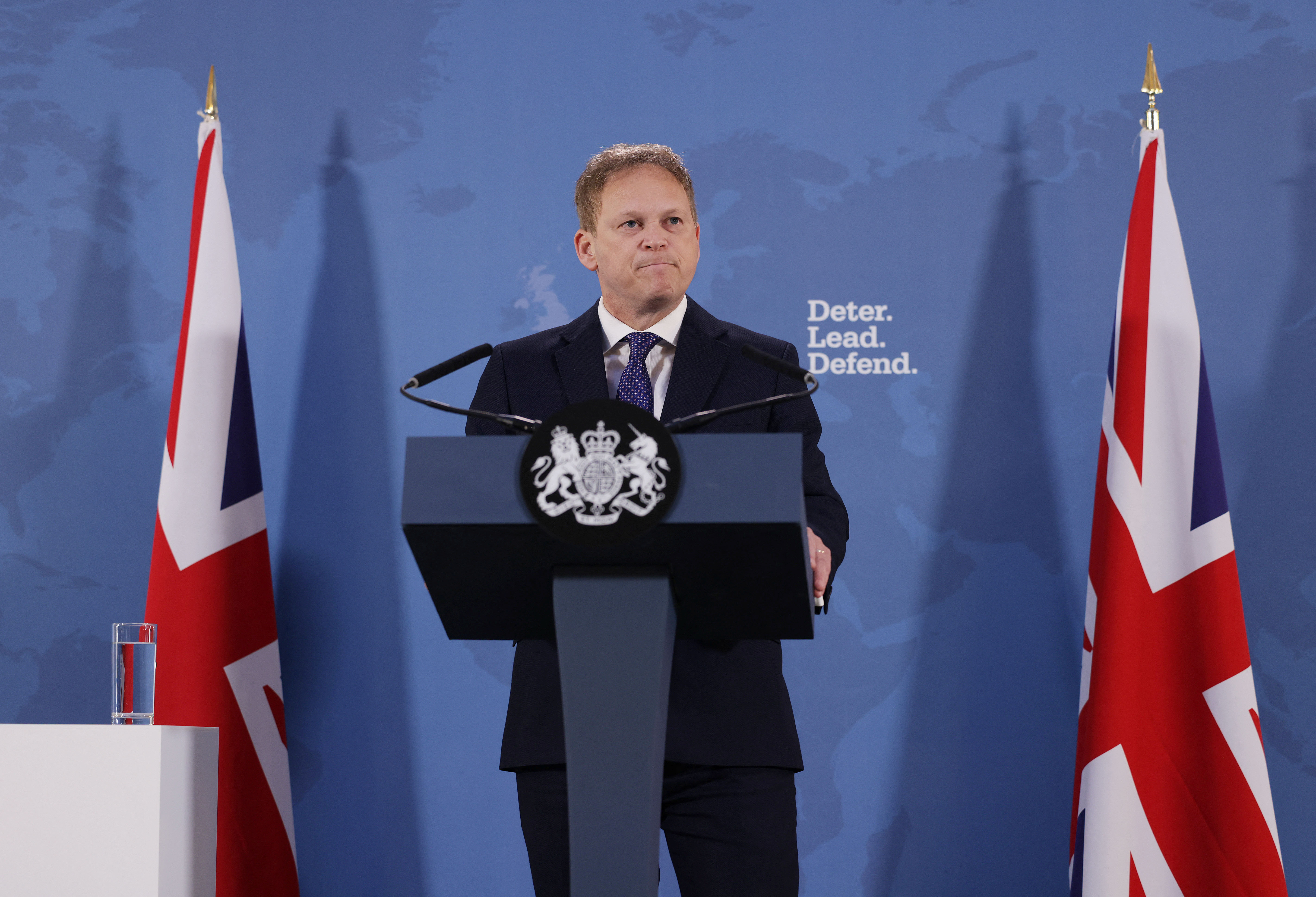 Britain's Defence Secretary Grant Shapps gives a speech at Lancaster House in London
