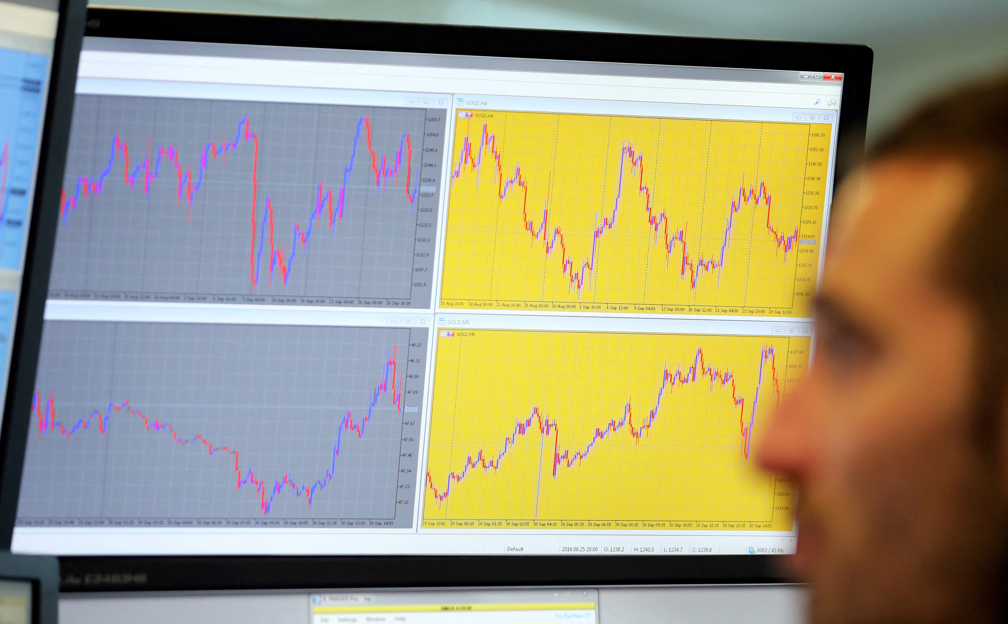 A trader looks at screens with graphs and tables at the Diamond trading academy in Nice