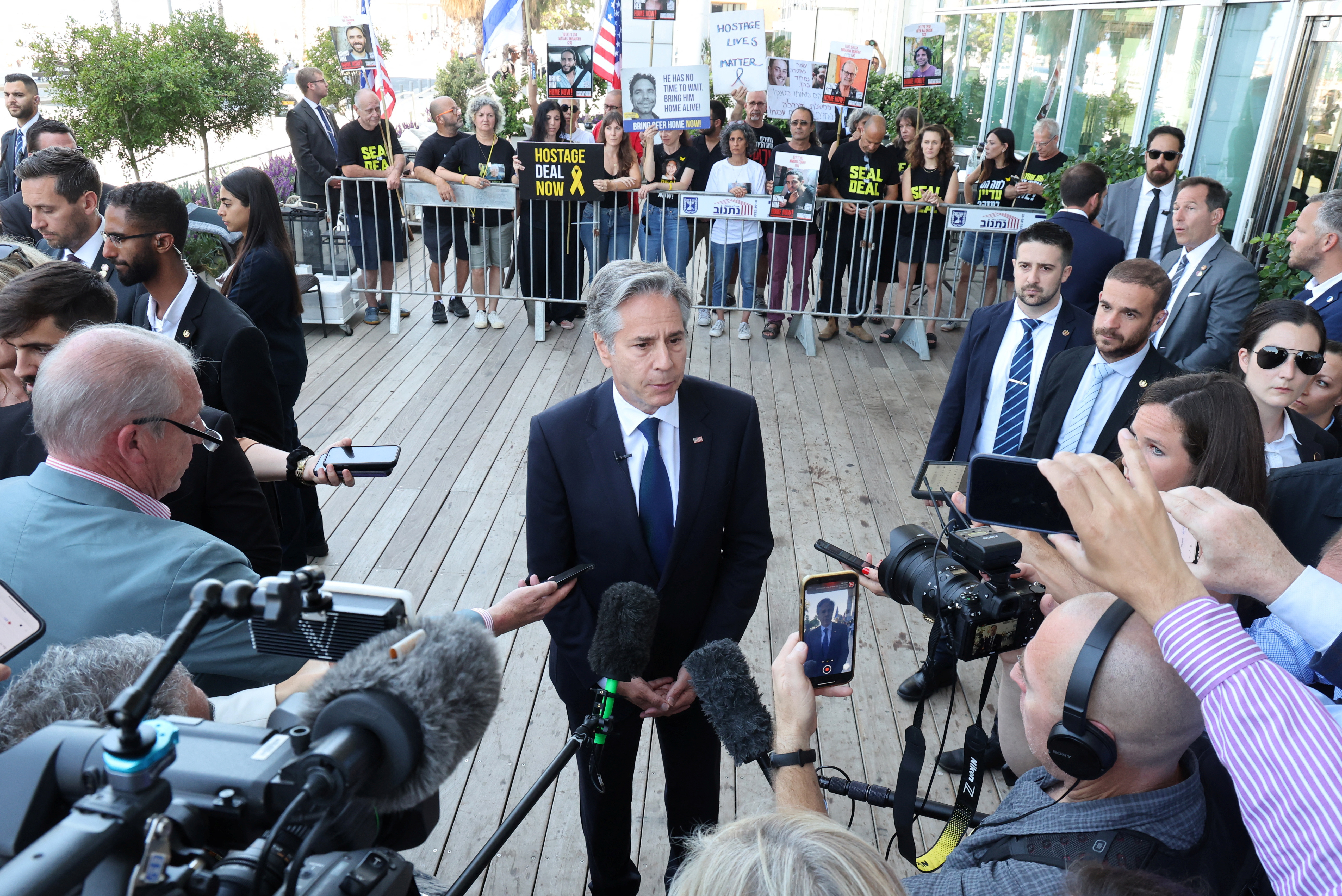 US Secretary of State Blinken meets  families and supporters of Israelis held hostage in Gaza, in Tel Aviv