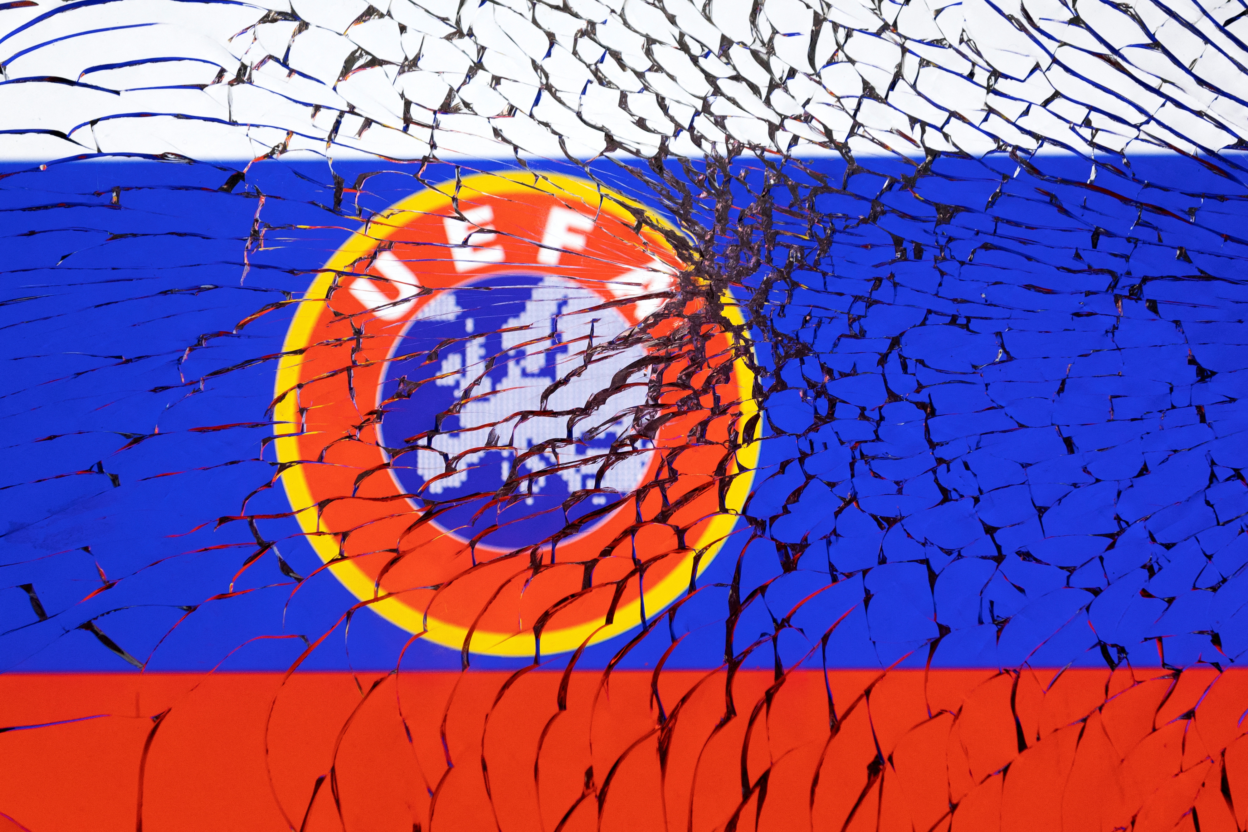 Illustration shows UEFA logo and Russian flag through broken glass