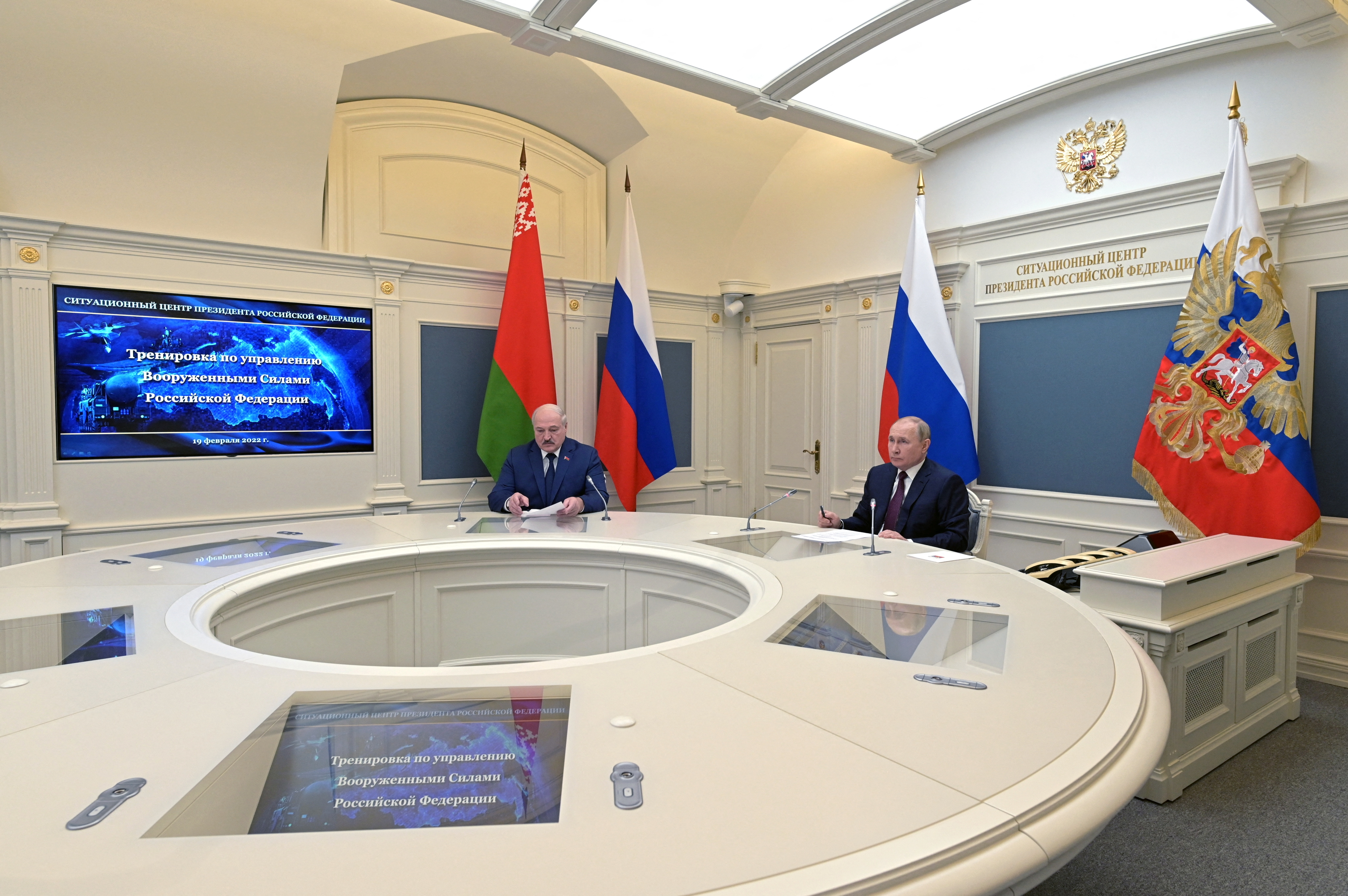Russian President Vladimir Putin and Belarusian President Alexander Lukashenko observe training launches of ballistic missiles as part of the exercise of the strategic deterrence force, in Moscow, Russia February 19, 2022. Sputnik/Aleksey Nikolskyi/Kremlin via REUTERS 