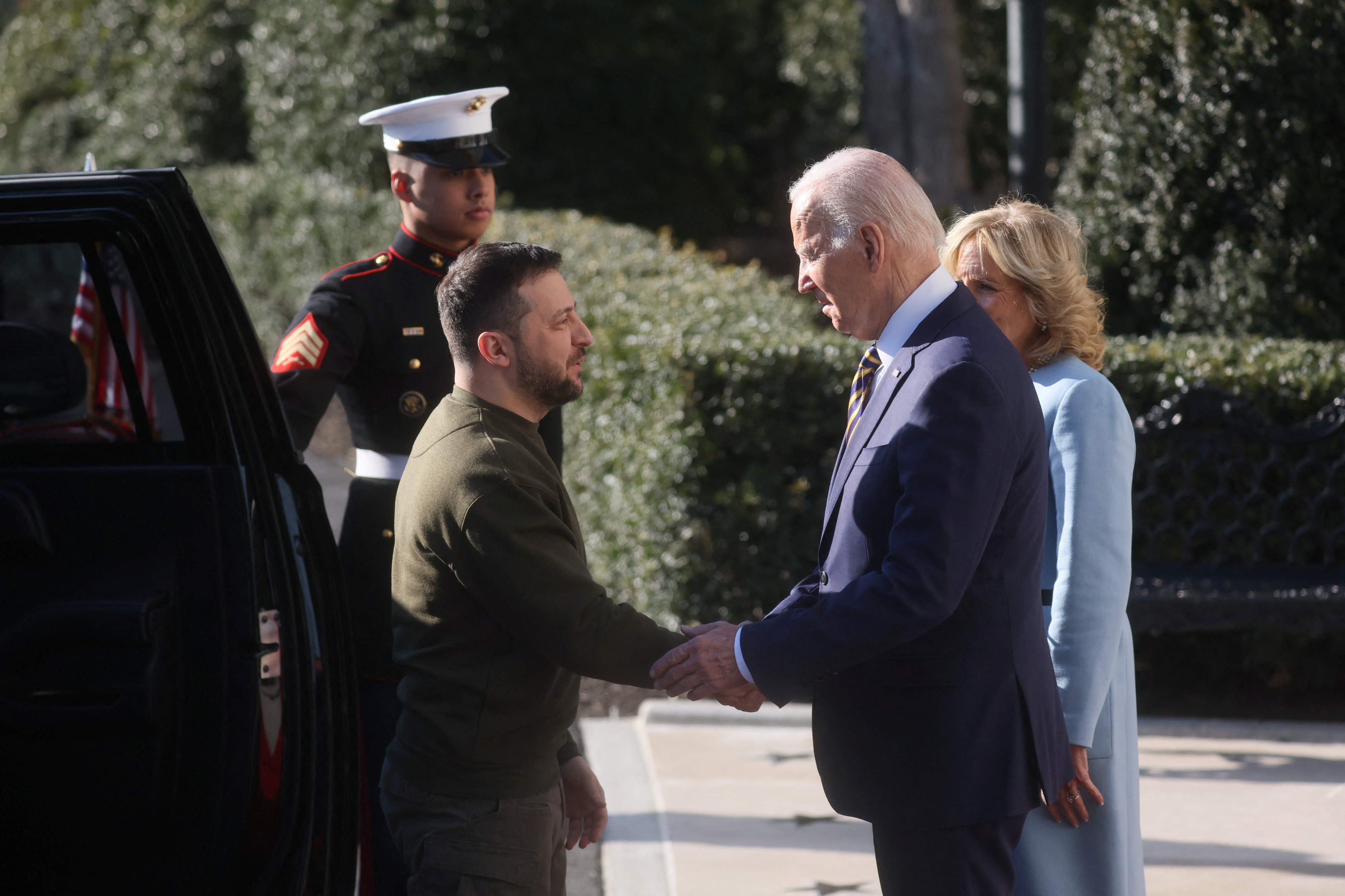 US President Biden greets Ukrainian President Zelenskiy at the White House in Washington