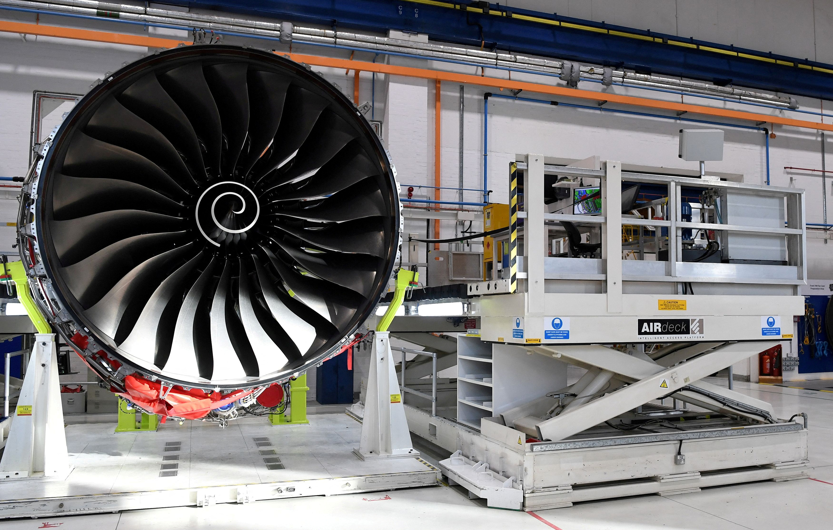 Rolls Royce Trent XWB aircraft engines at a factory in Derby, England
