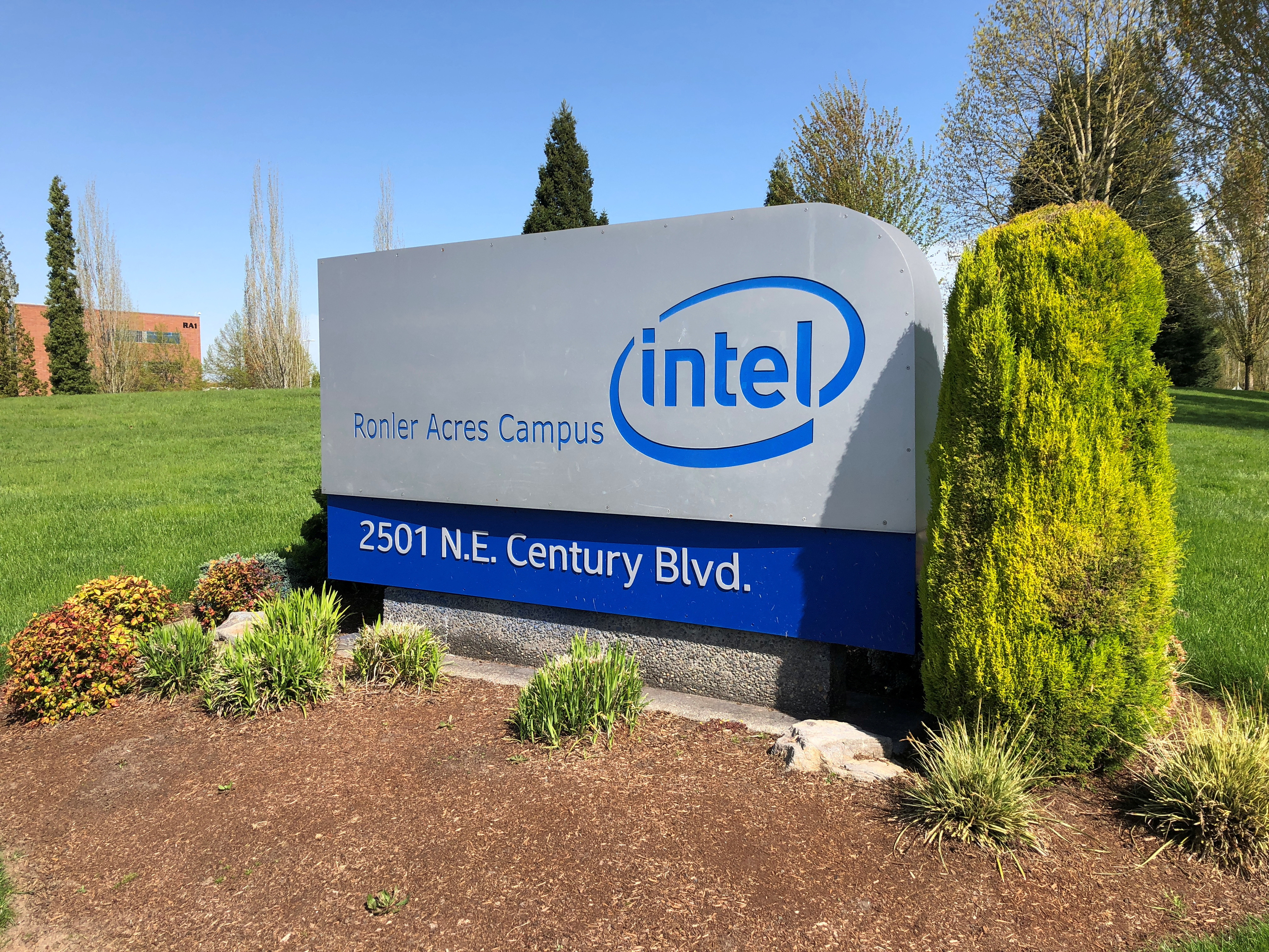A sign is seen outside the Intel corporate campus in Hillsboro