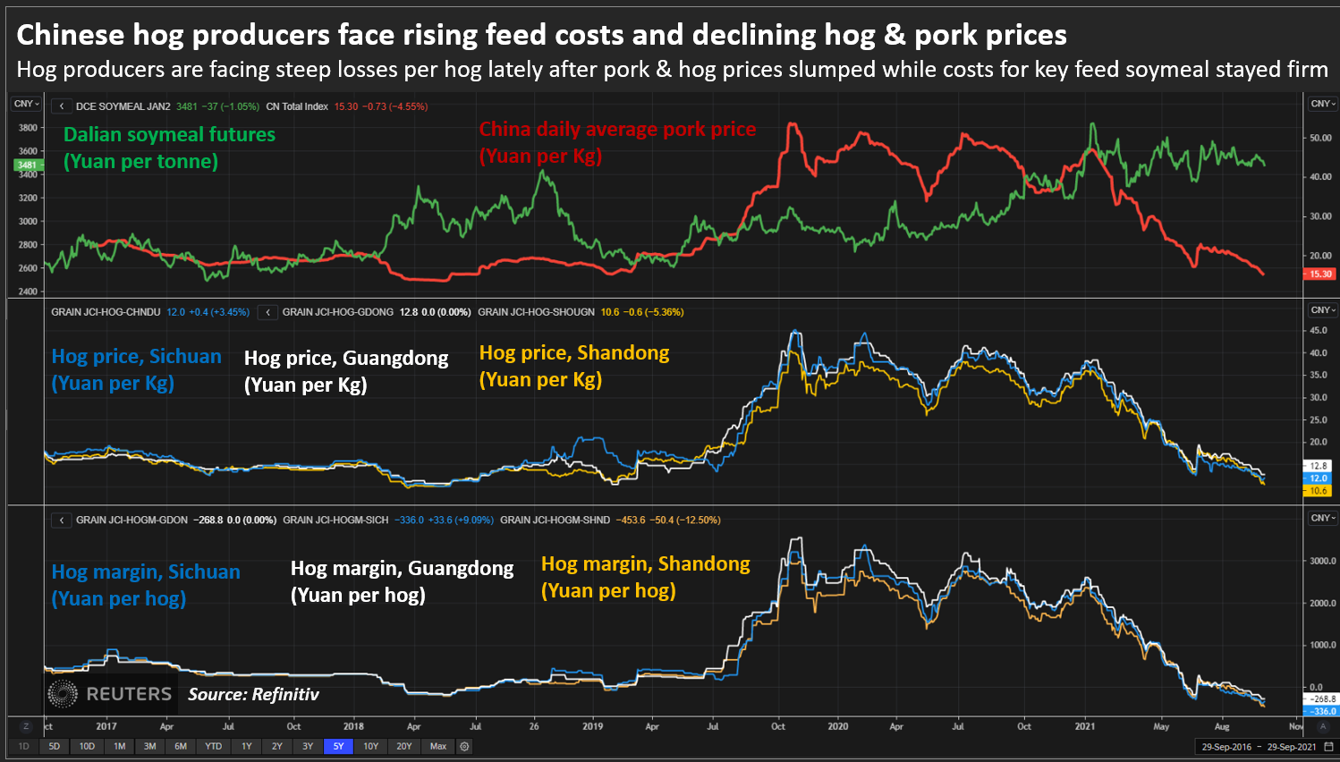 Chinese hog producers face rising feed costs and declining hog & pork prices