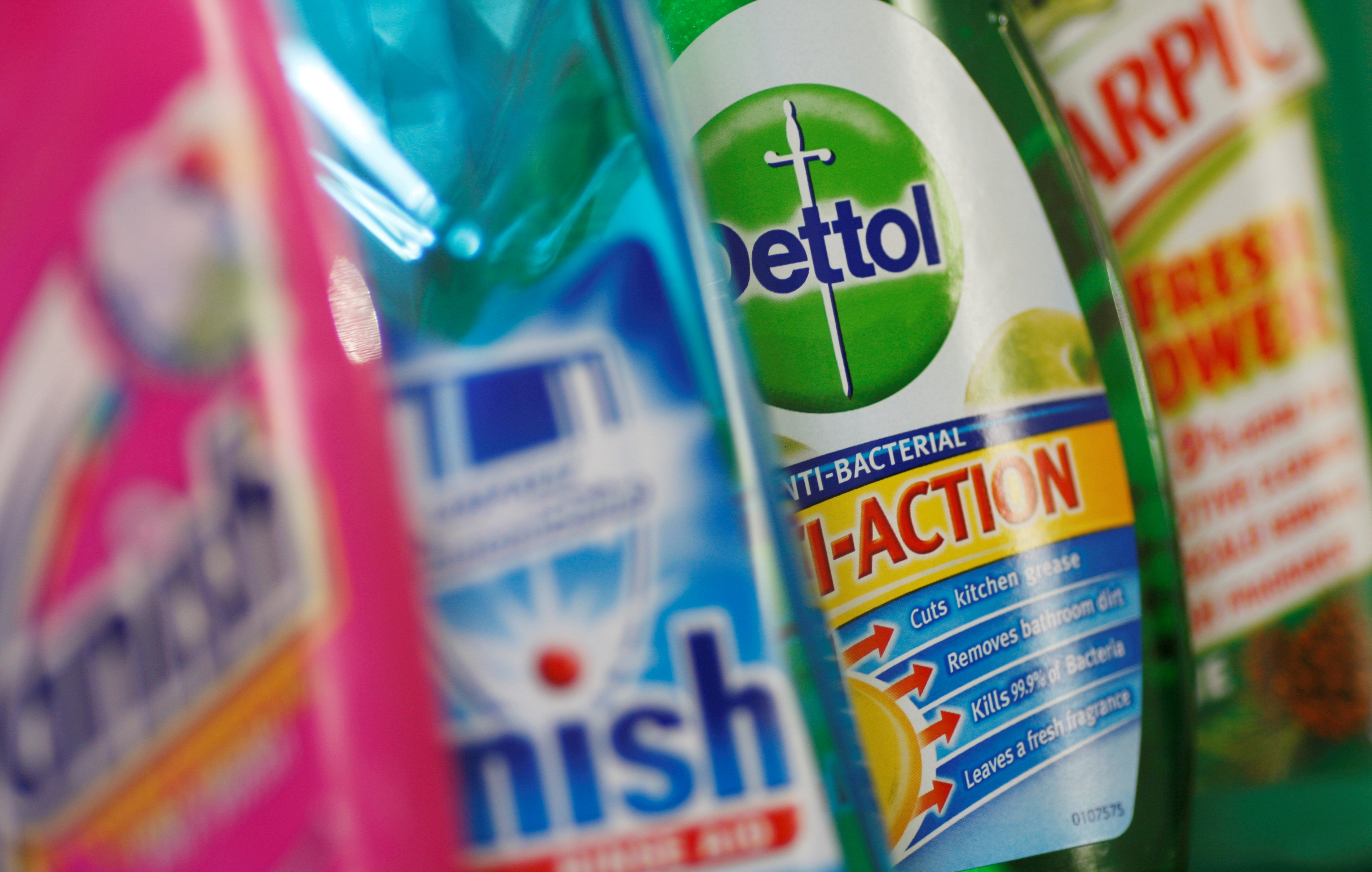 Products produced by Reckitt Benckiser are seen in London, Britain,  February 12, 2008.   REUTERS/Stephen Hird