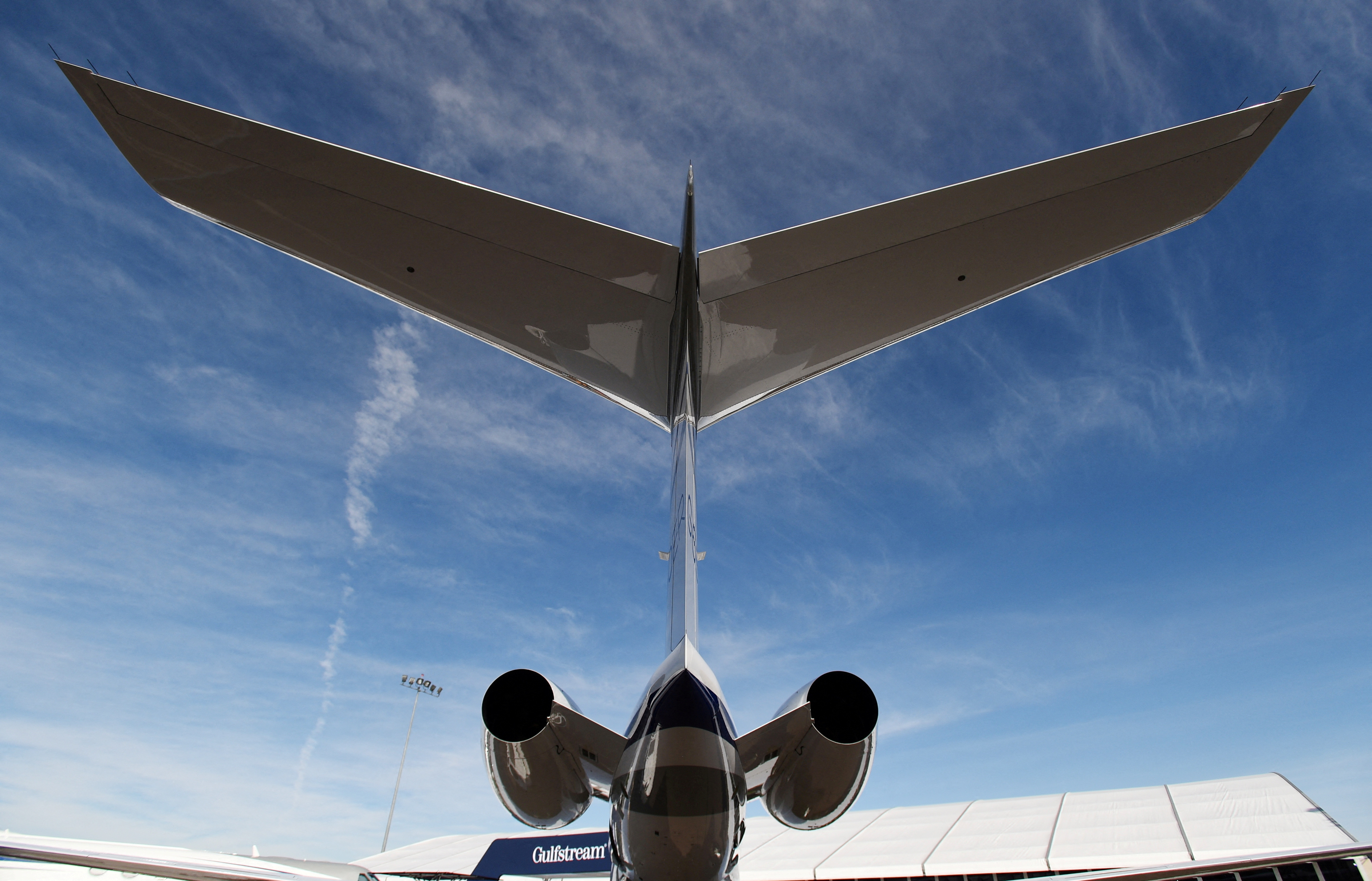 A Gulfstream 650ER business jet is displayed at the Gulfstream booth at the National Business Aviation Association (NBAA) exhibition in Las Vegas