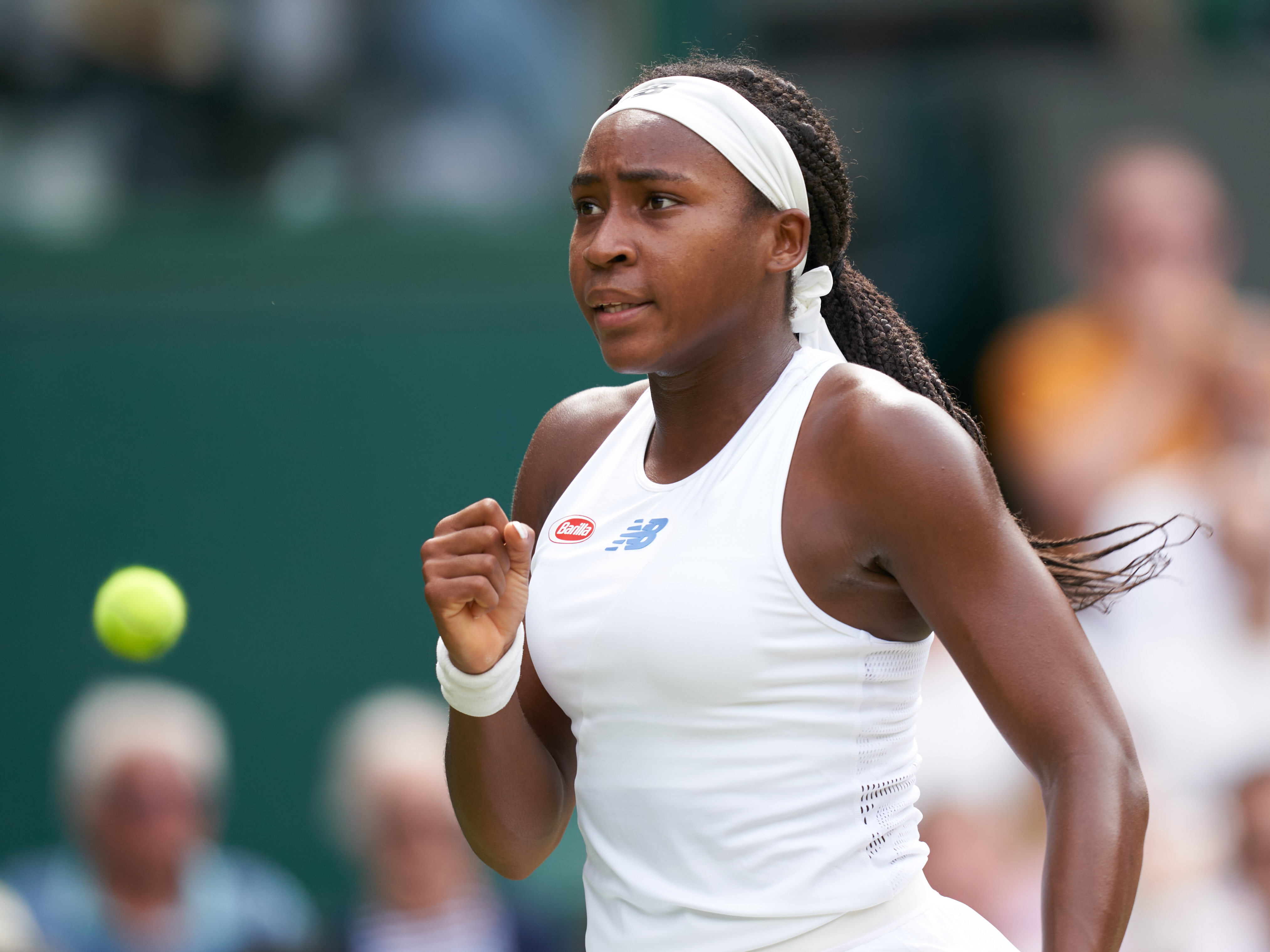 Jul 3, 2021; London, United Kingdom;  Coco Gauff (USA) seen celebrating whilst playing Kaja Juvan (SLO) on Centre Court in the women’s third round at All England Lawn Tennis and Croquet Club. Mandatory Credit: Peter van den Berg-USA TODAY Sports
