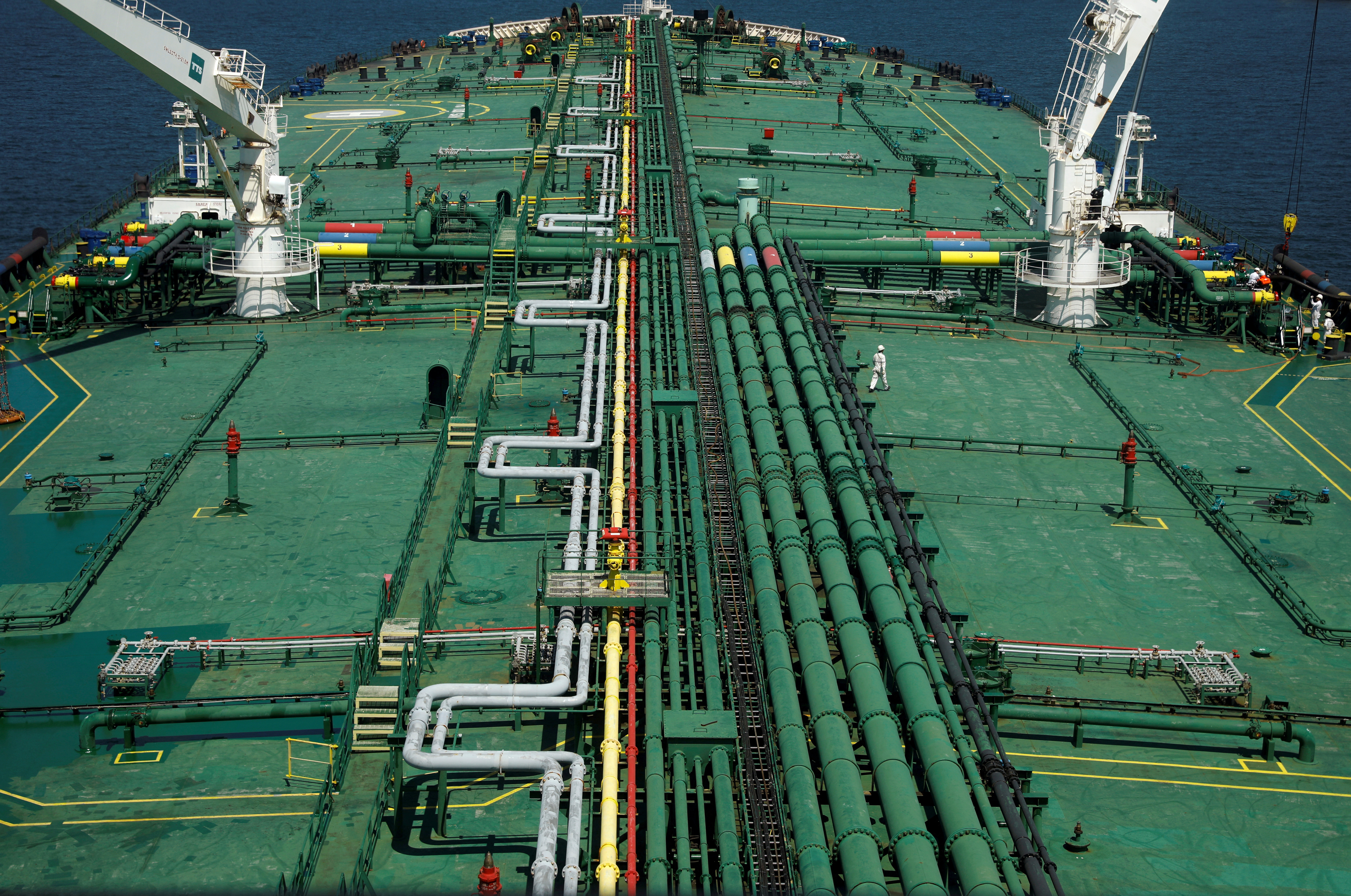 Pipelines run down the deck of Hin Leong's Pu Tuo San VLCC supertanker in the waters off Jurong Island in Singapore