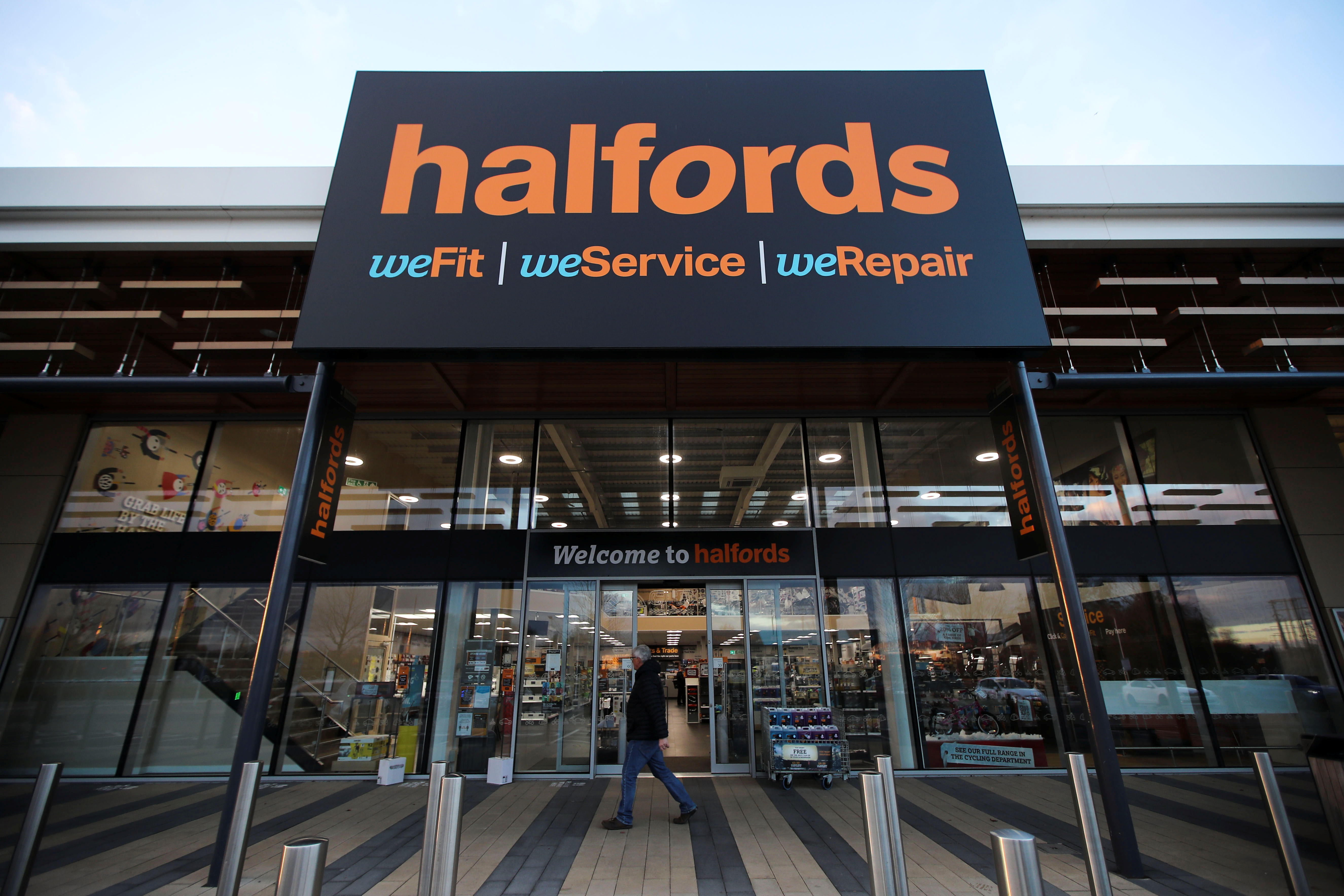 A view of the Halfords store front in Rugby