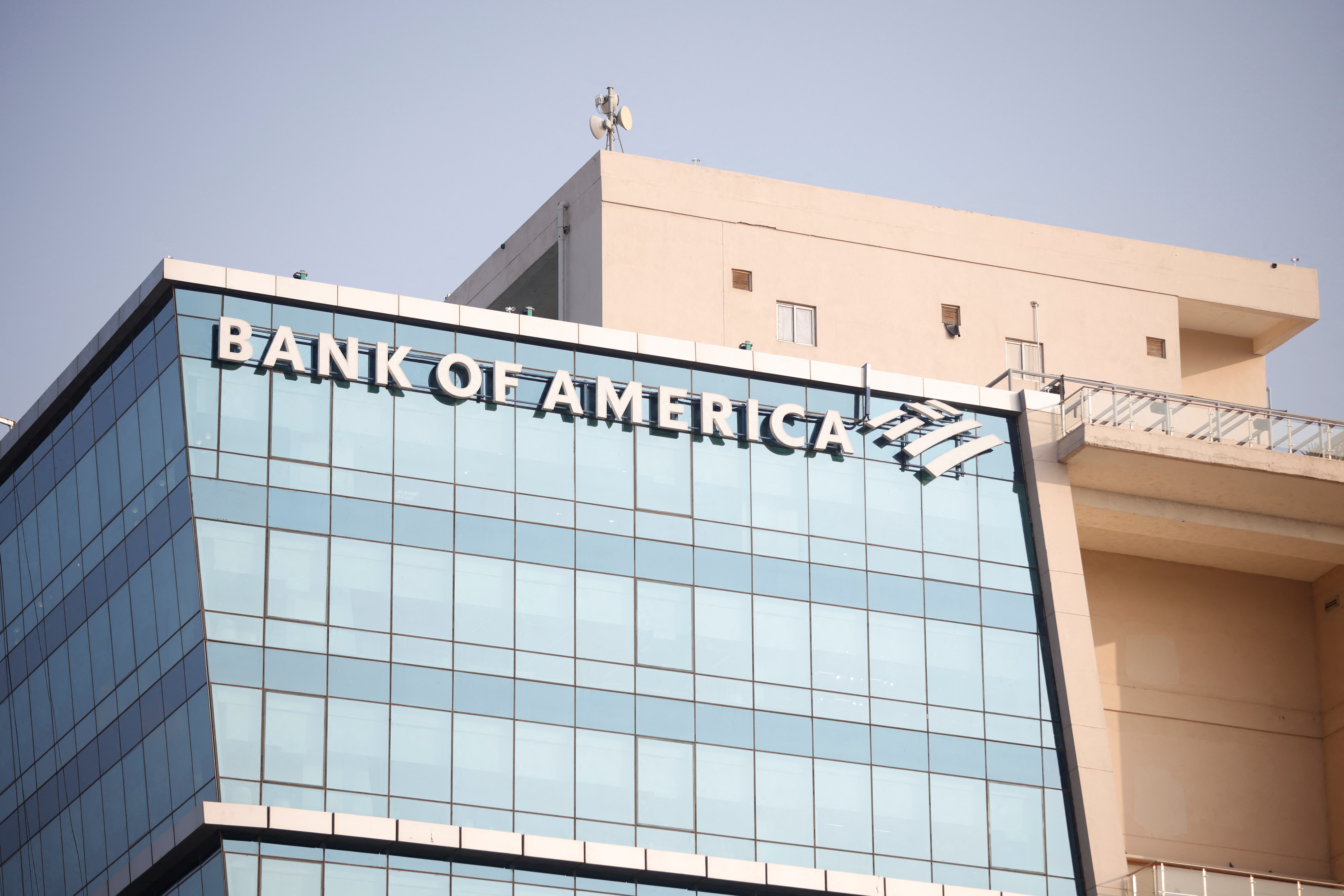 A logo of the Bank of America is seen on an office building at the Gujarat International Finance Tec-City (GIFT) at Gandhinagar