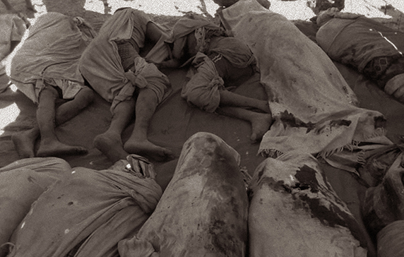 Bodies of deceased Karayyuu elders in a tent before burial
