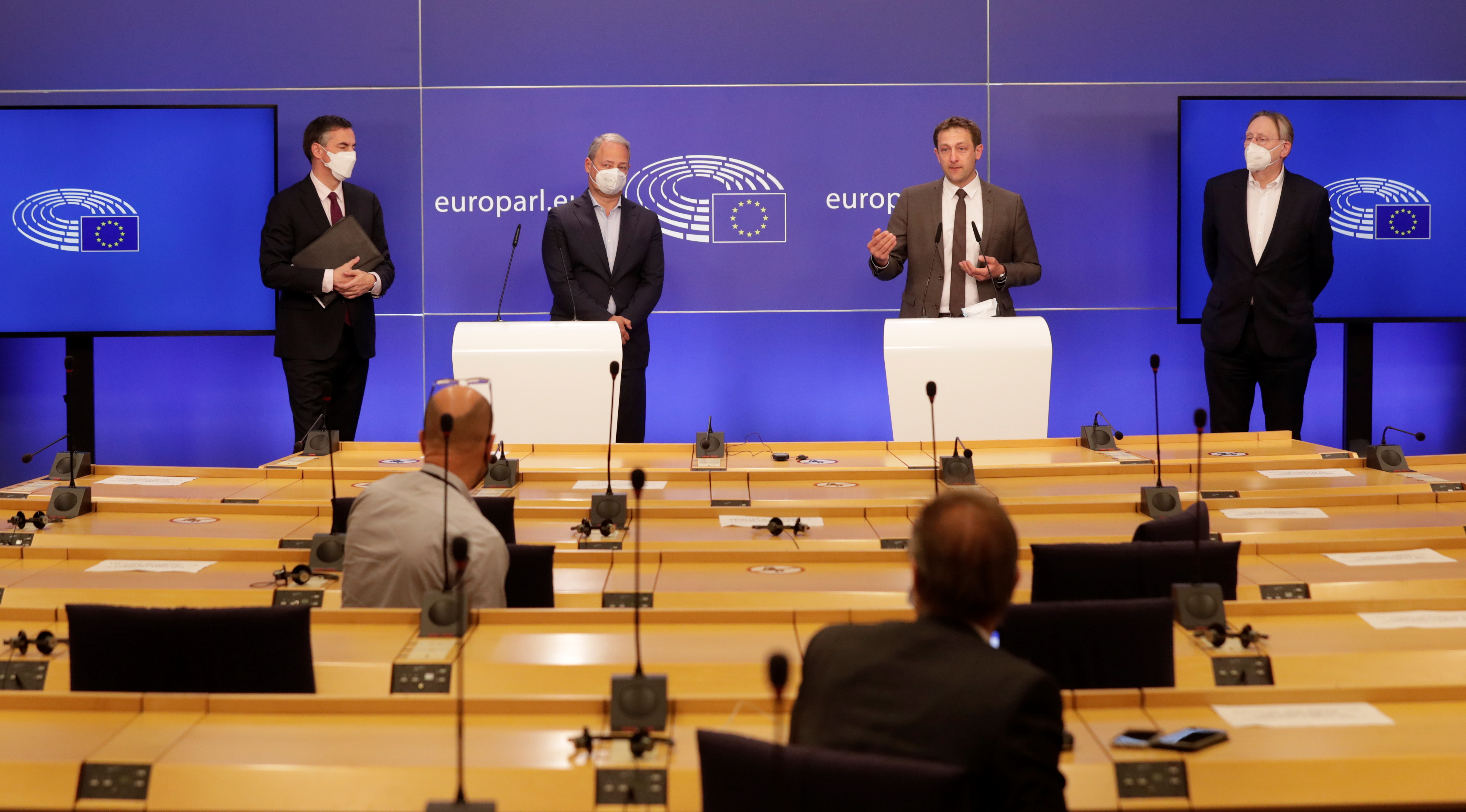 Members of European Parliament hold a news conference after the final debate on EU-UK trade deal
