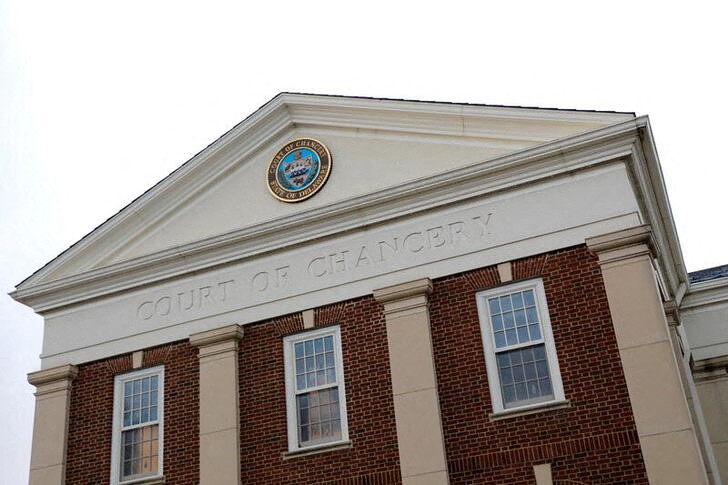 Signage is seen on the exterior of the Sussex County Court of Chancery in Georgetown, Delaware